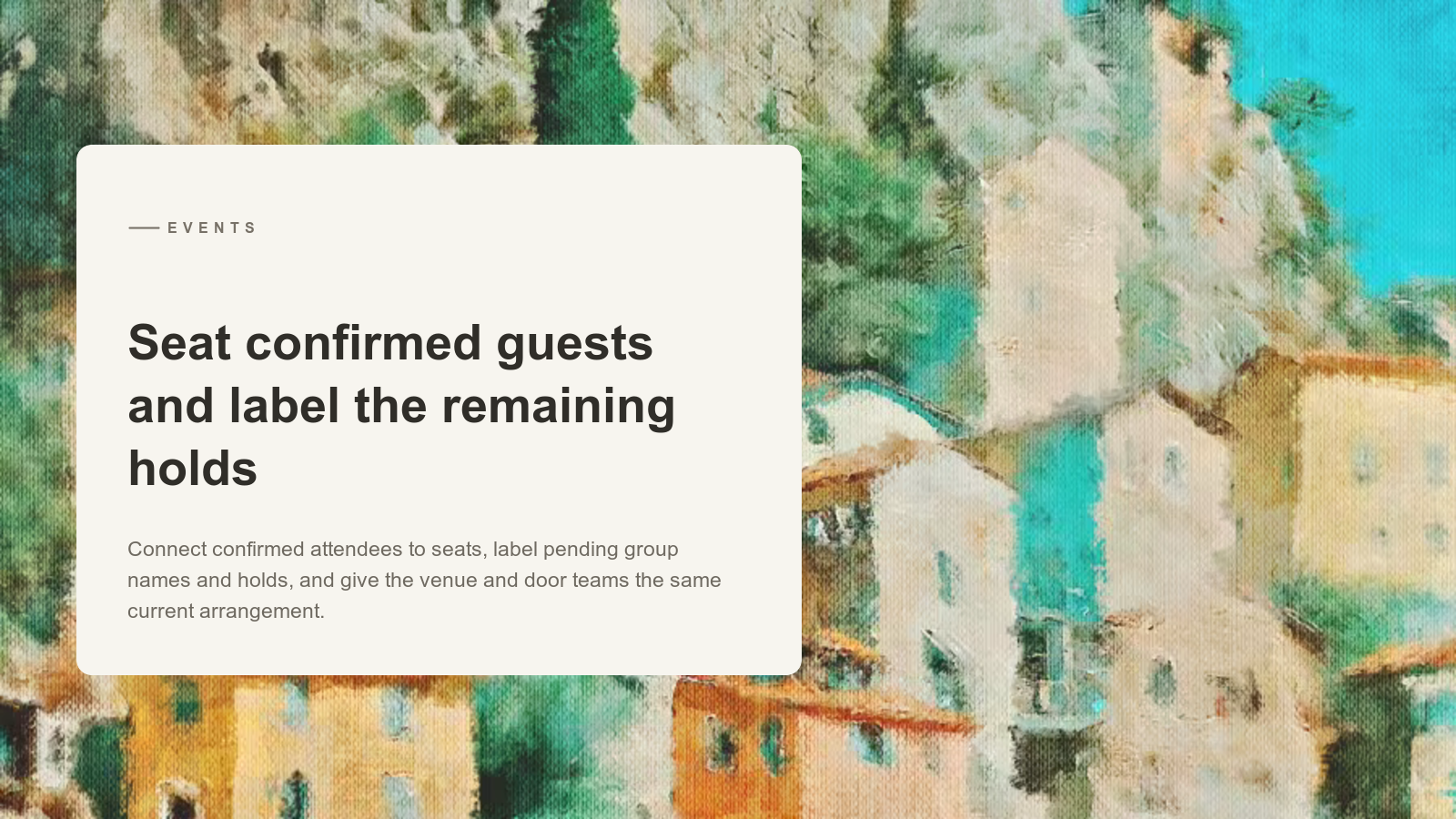 Editorial card over an Aurelia painting of a hillside village overlooking water.