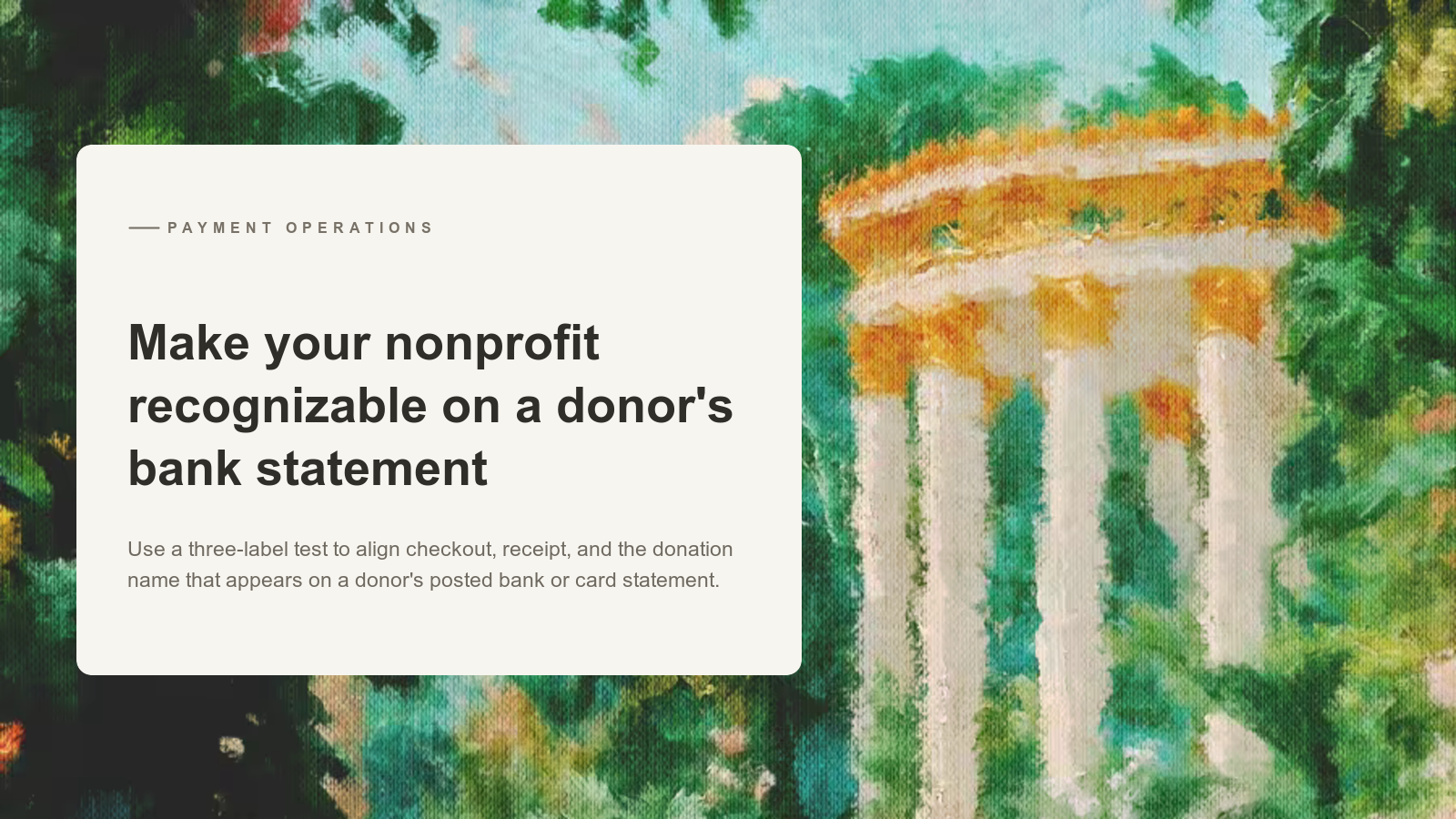 Editorial card about donation statement descriptors over an Aurelia painting of a bright garden temple among dark green leaves.