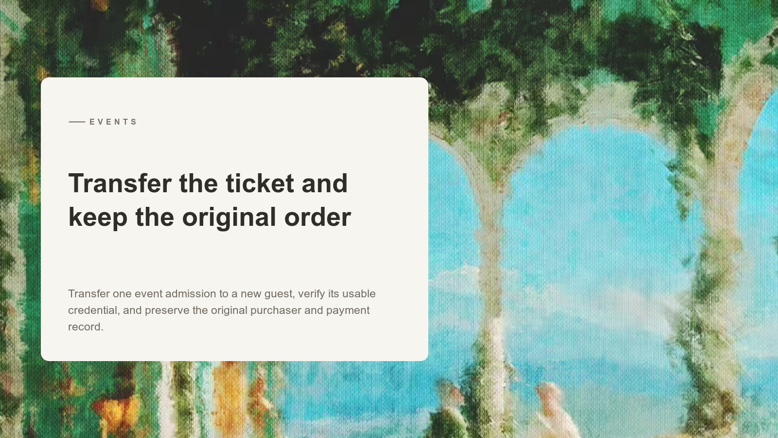 Editorial card over an Aurelia painting of a flowered colonnade and distant mountains.