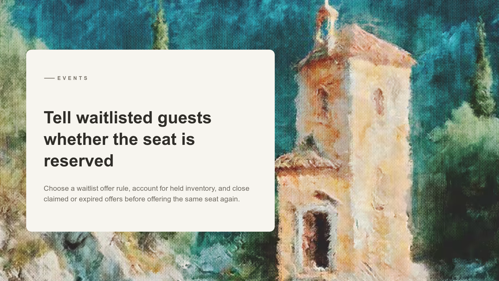Editorial card over an Aurelia painting of a stone tower beside a wooded coast.