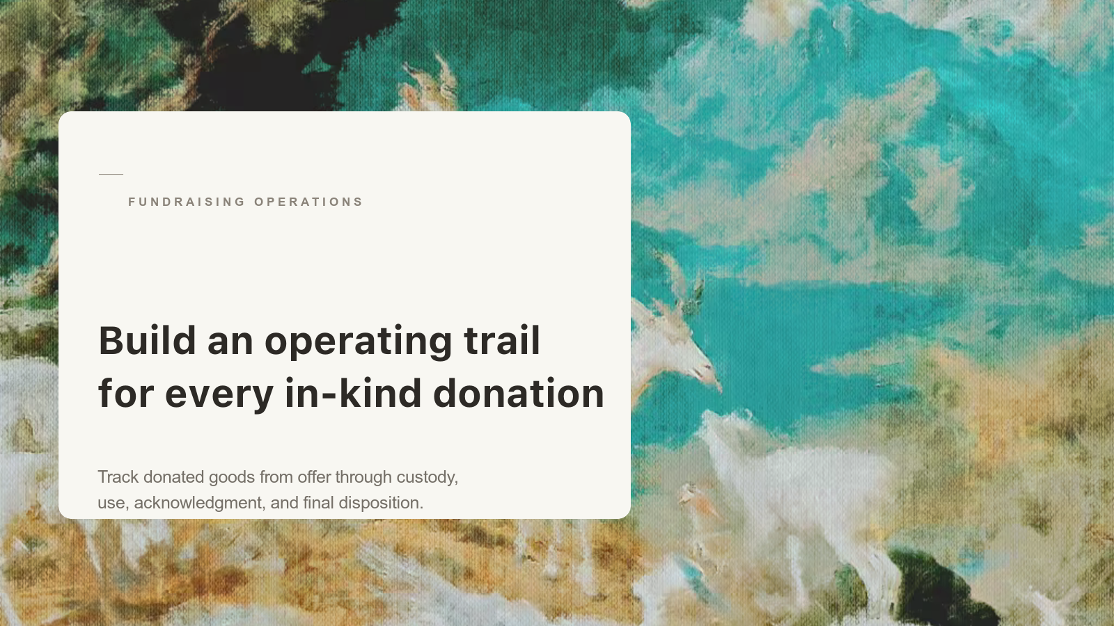 Editorial card about in-kind donation tracking over an Aurelia painting of white deer and goats on a turquoise mountainside.