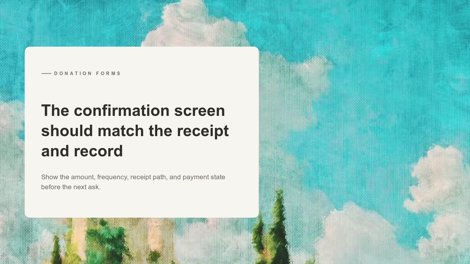 Editorial card over an Aurelia painting of a bright hillside garden beneath large blue-white clouds.