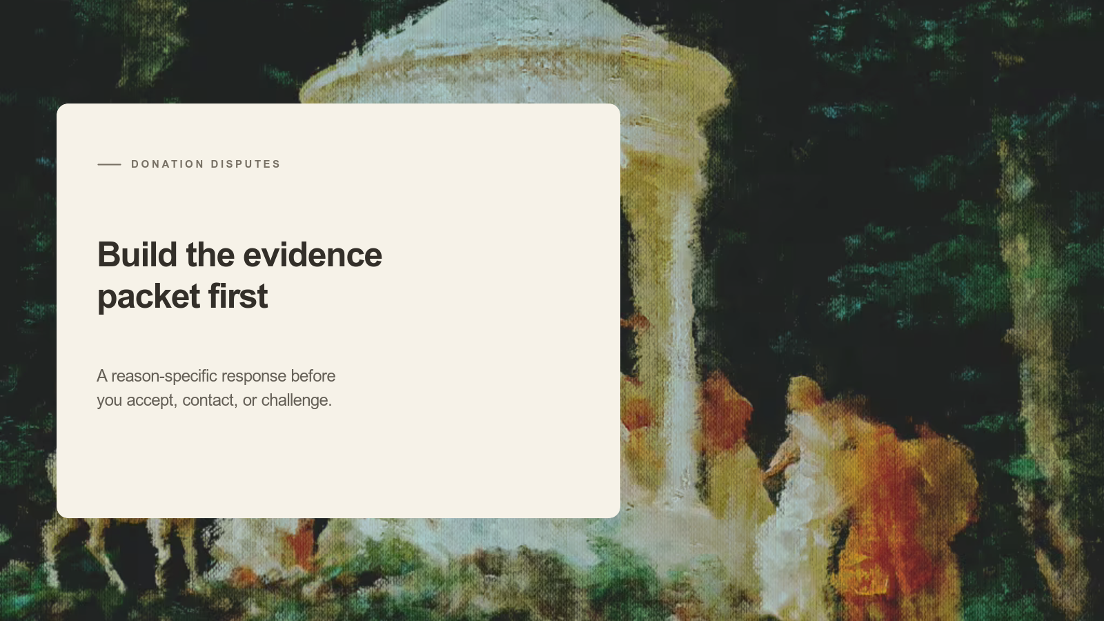 Editorial card reading “Build the evidence packet first” over an Aurelia painting of figures gathered around a white classical temple in a dark forest.