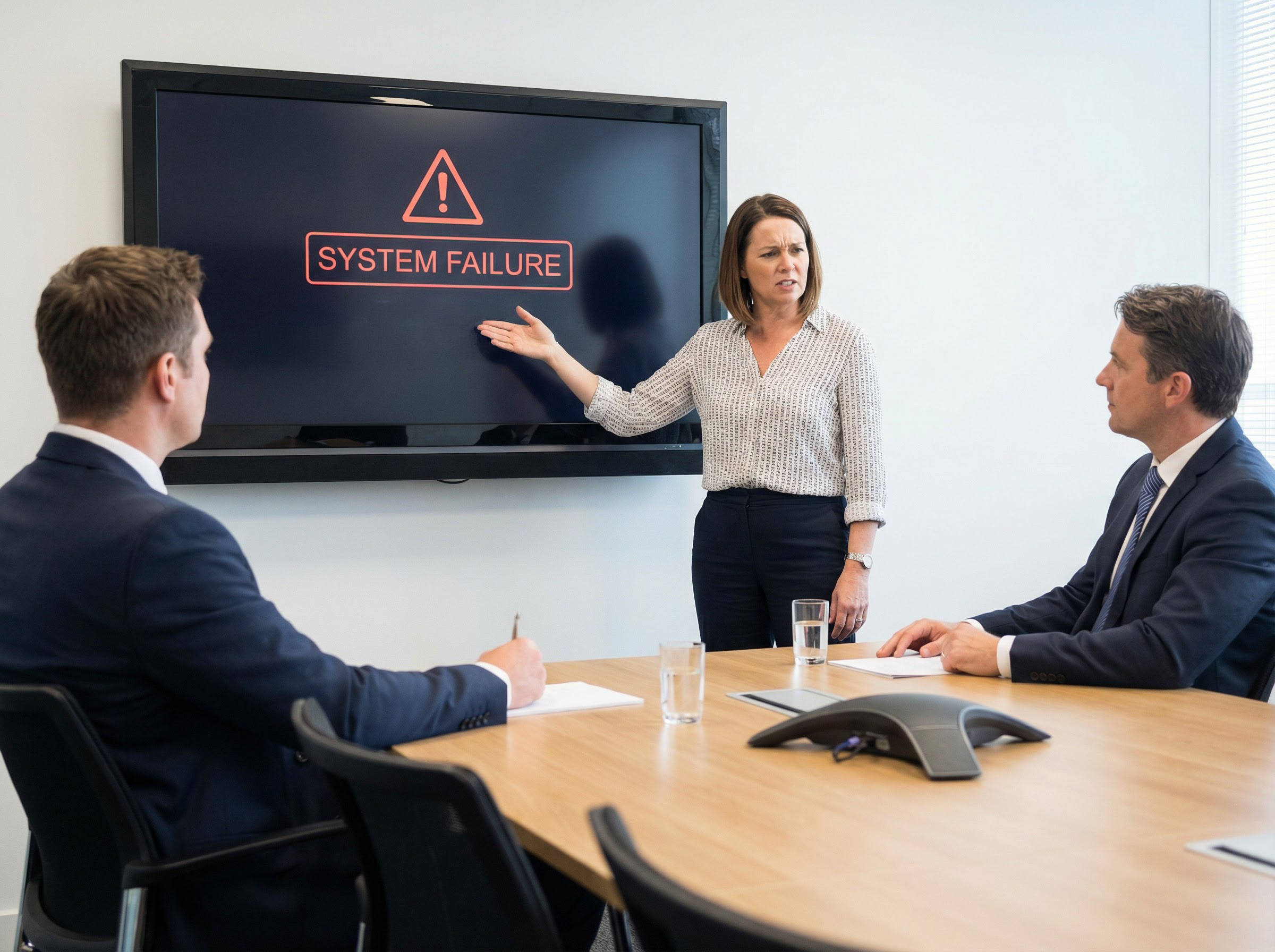 A Woman terminating her IT Services Team, due to a system Failure