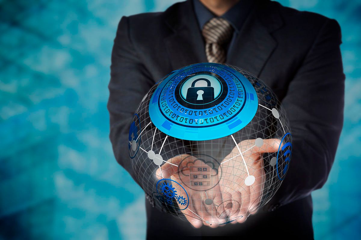 Businessman holding secure managed services solution concept icon in the two open palms of his hands.