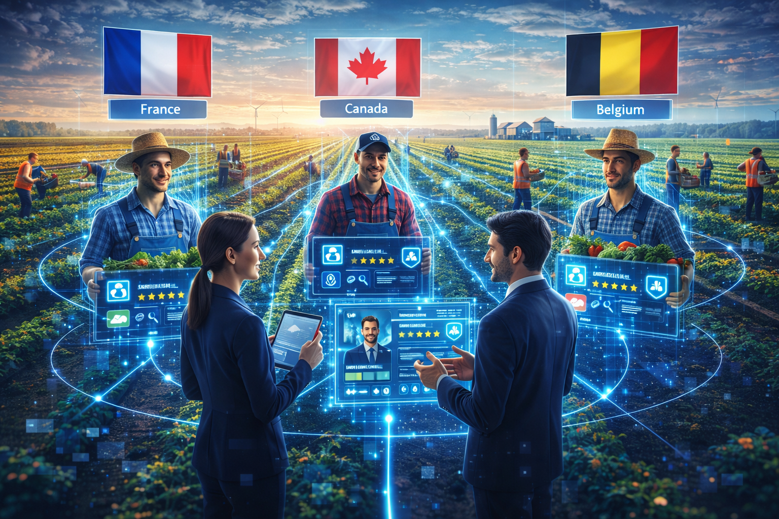 Un champ agricole mêlé à une interface de recrutement numérique futuriste