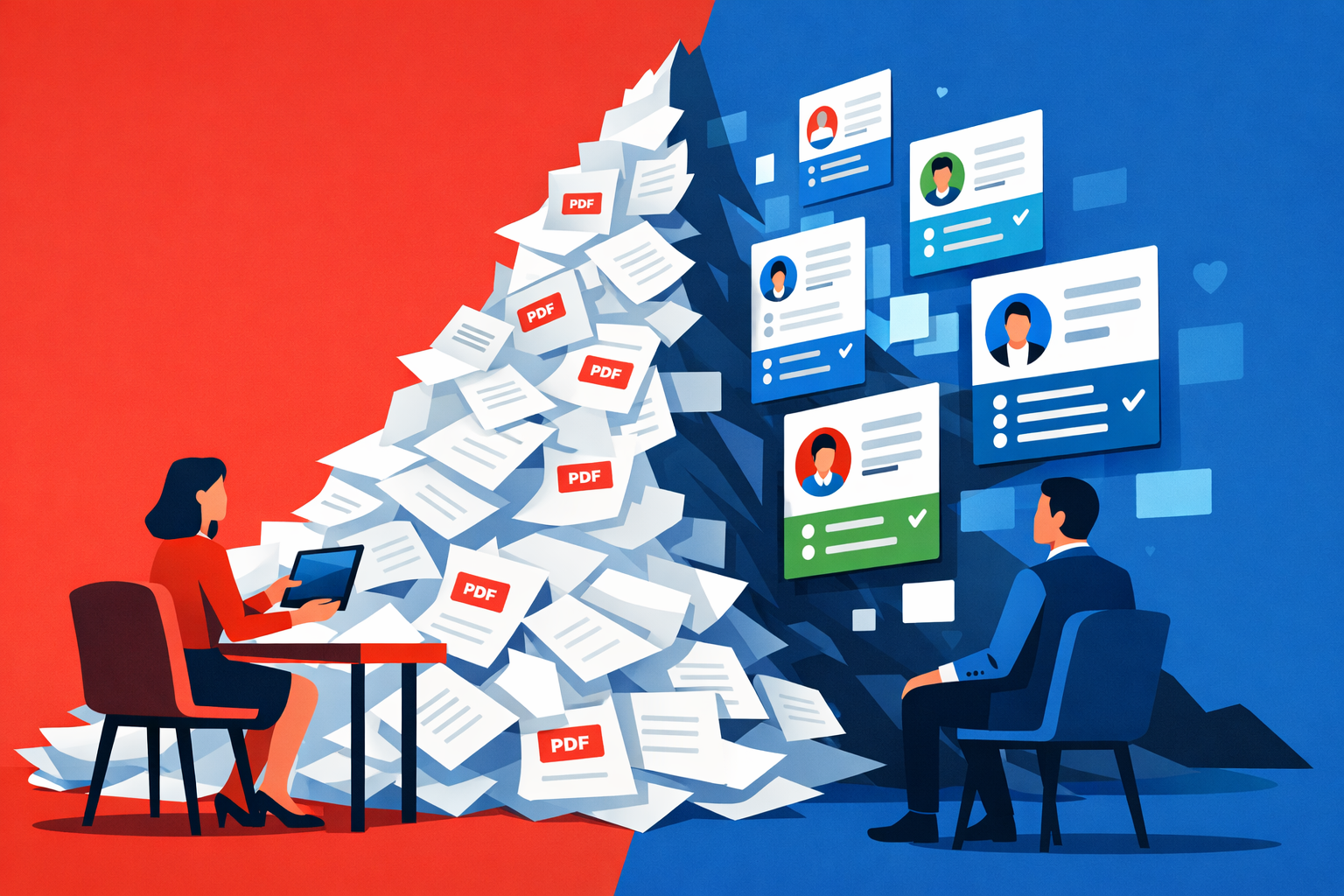 Recruteur et candidat face à une montagne de CV PDF qui se transforme en profils numériques