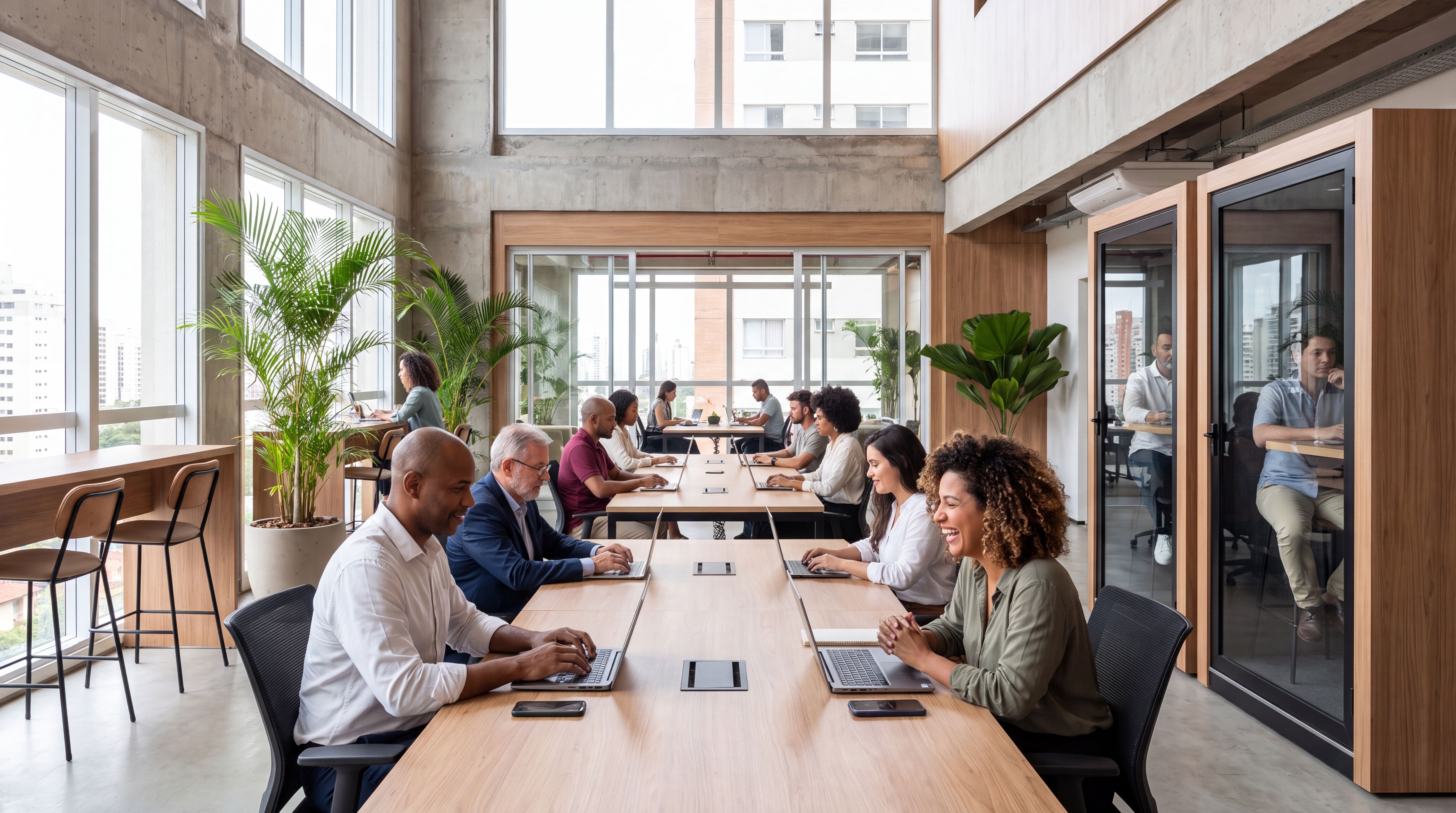 Espaço de coworking com profissionais em trabalho híbrido