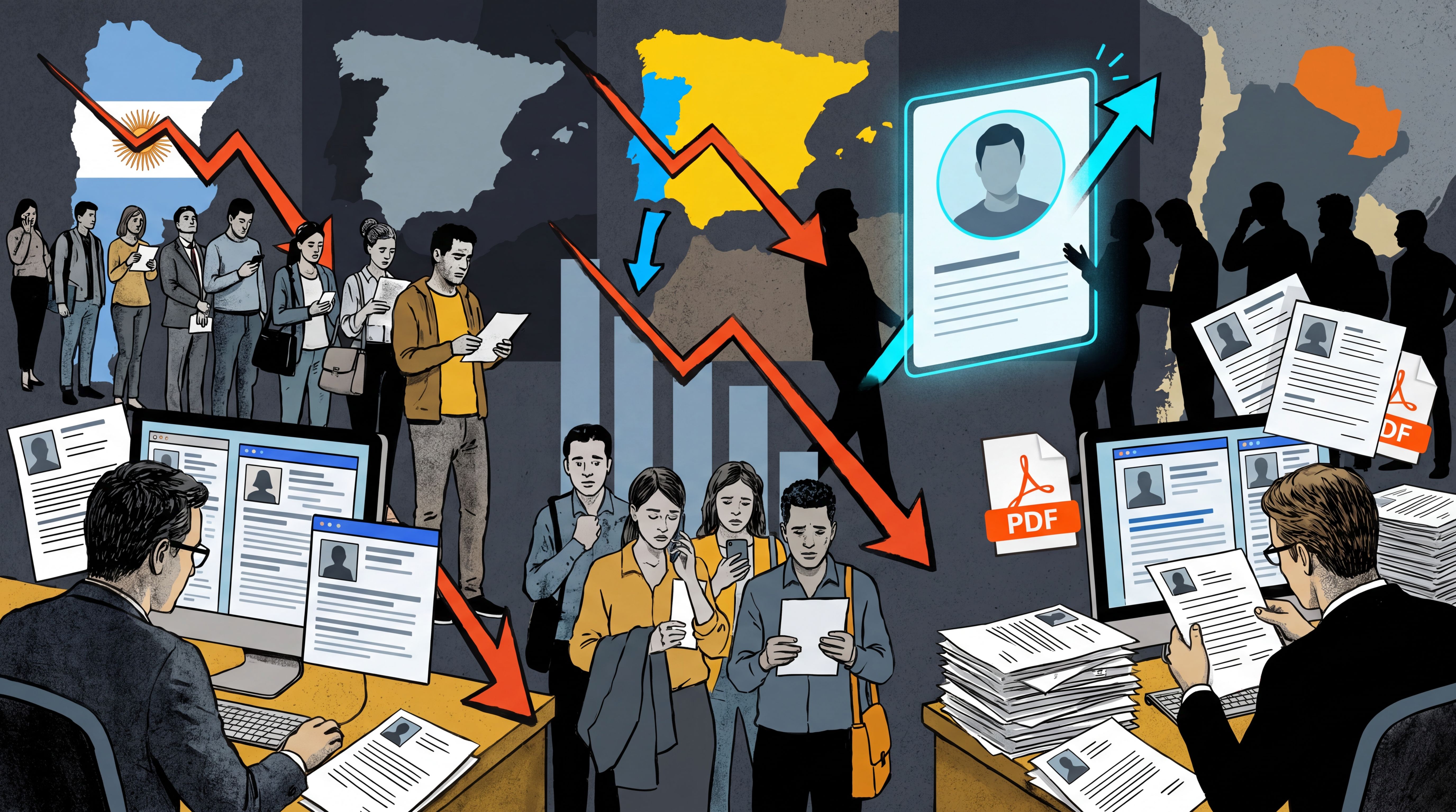 Gráfico del mercado laboral con candidatos y reclutadores pasando del CV en PDF a perfiles digitales