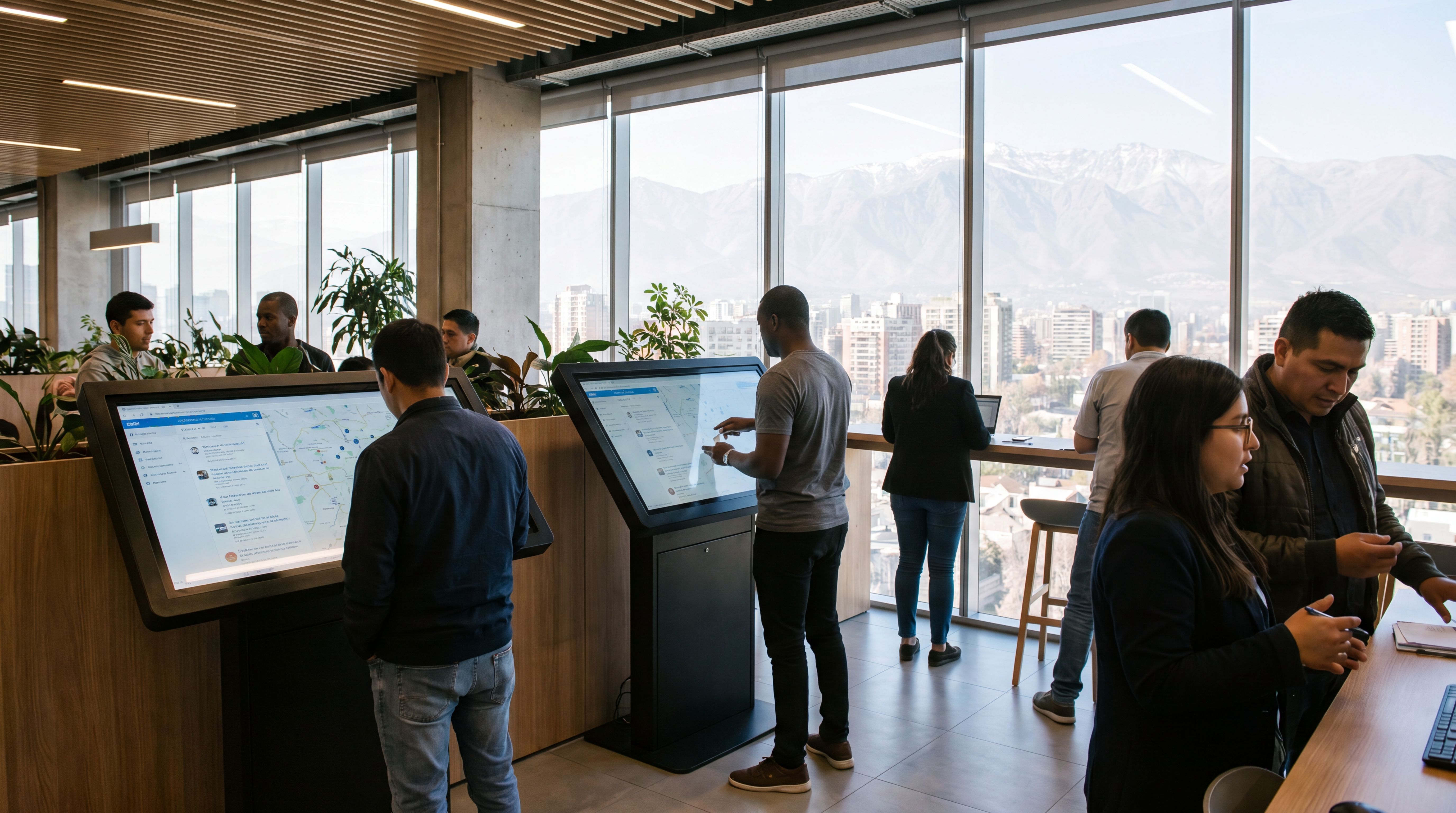 Personas revisando oportunidades laborales en una oficina moderna de Chile