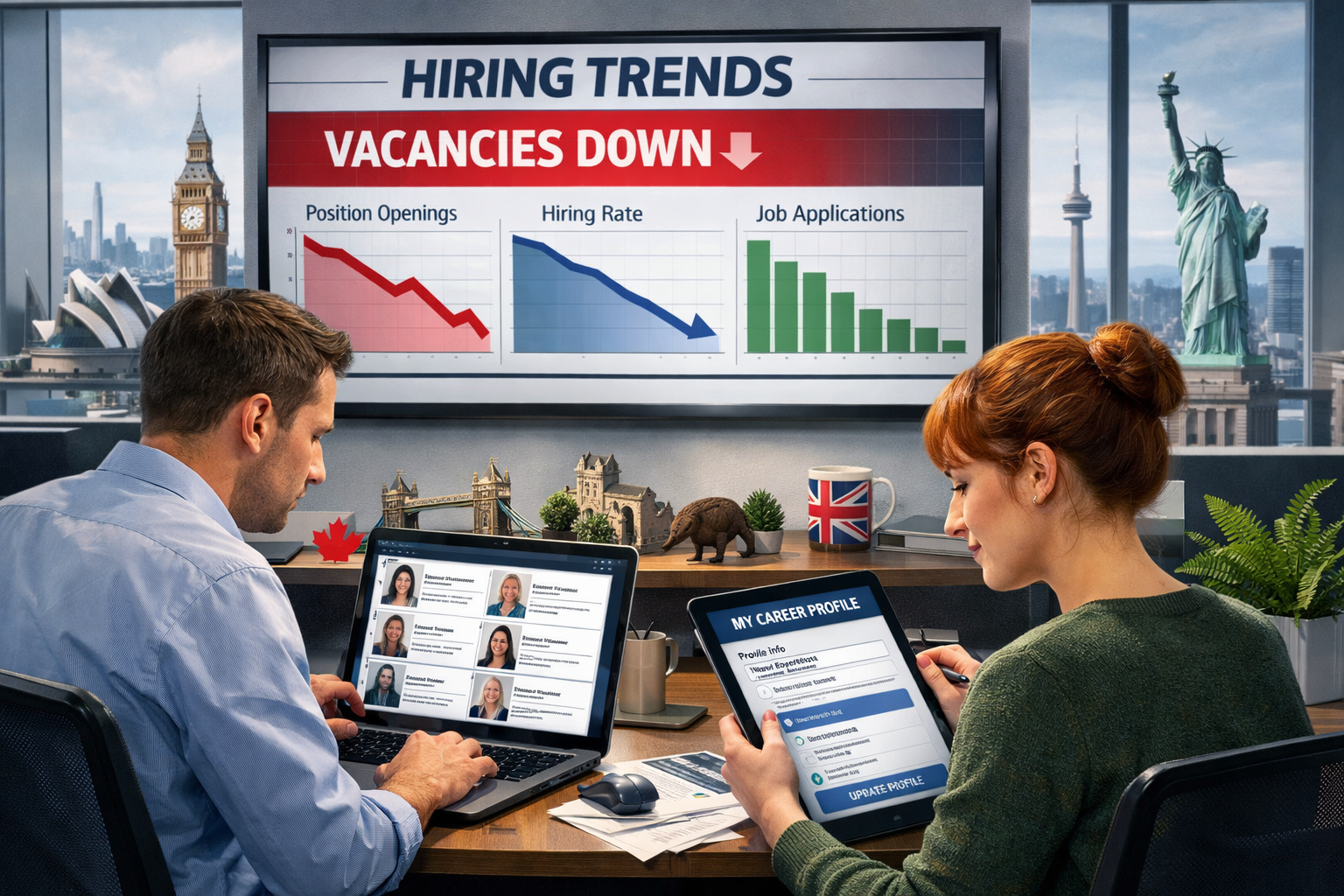 Recruiter and job seeker reviewing a digital hiring dashboard during a slowdown