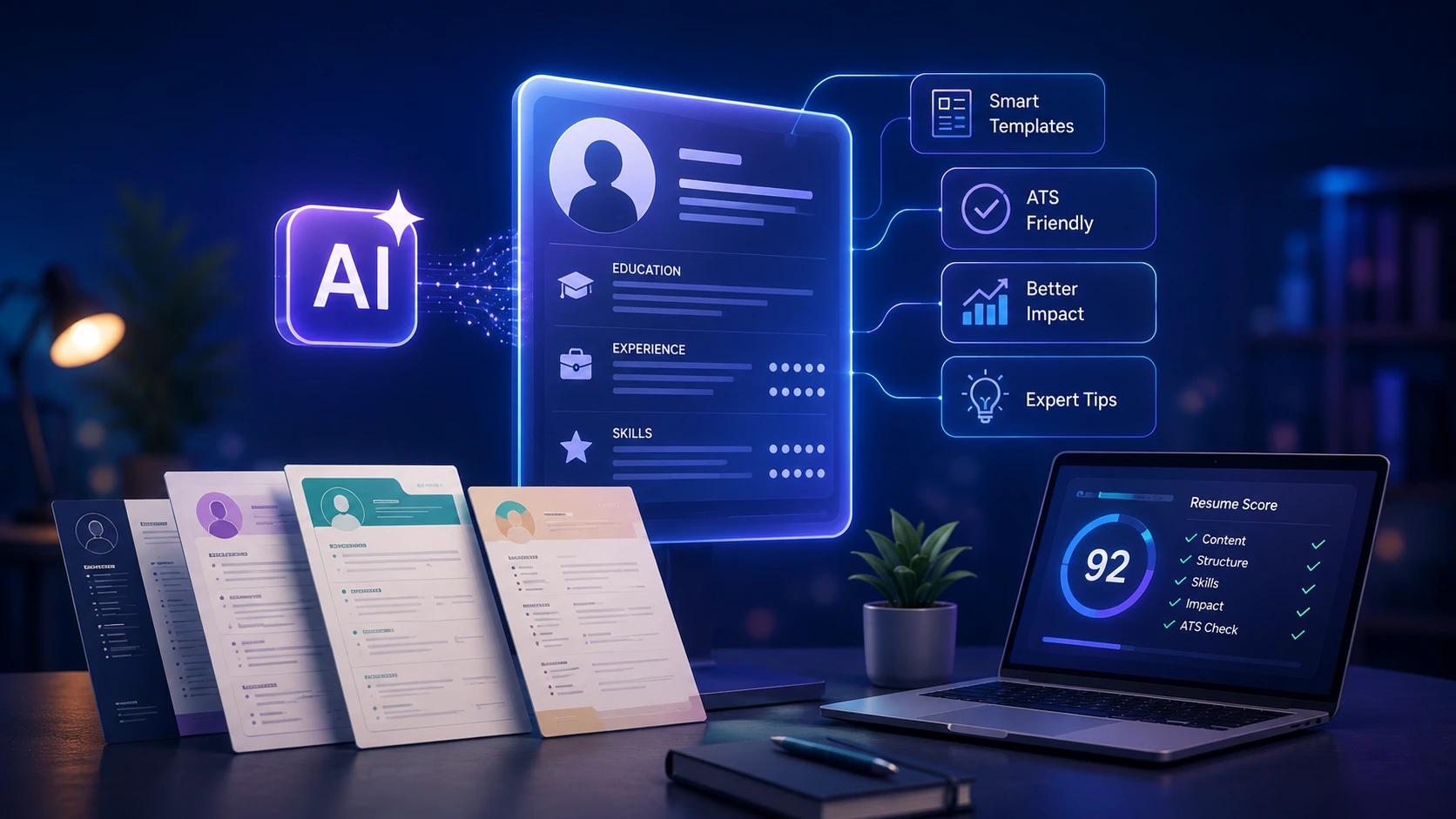 Illustration of the Best AI Resume builder performing an analysis of a resume for smart templates, ATS friendly, better impact and expert tips 