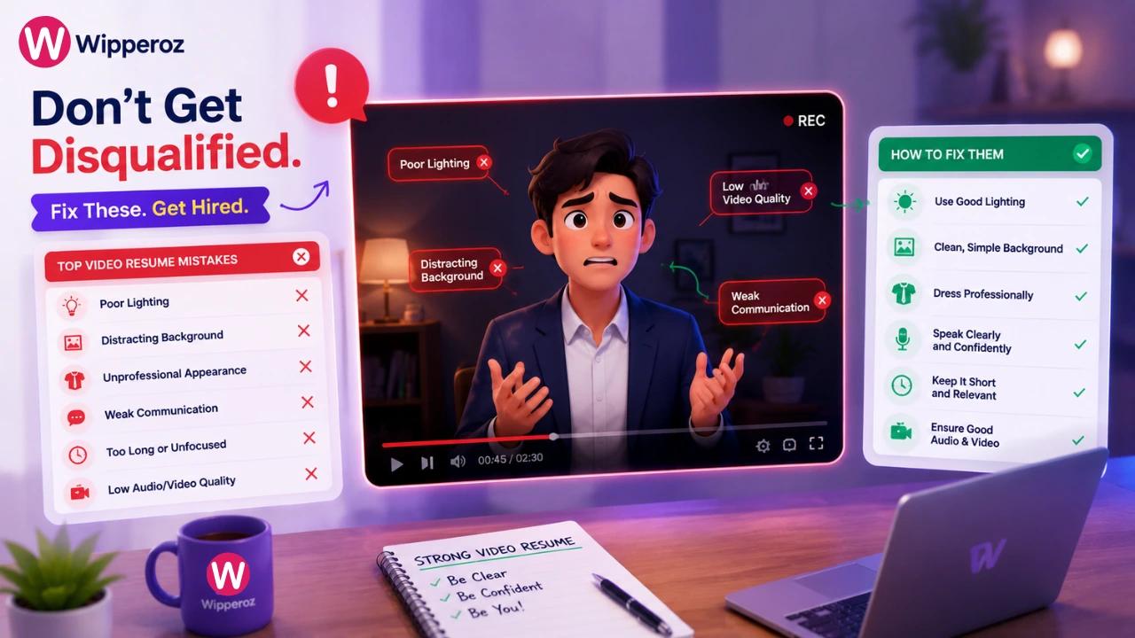 A young male animated character sharing views about Video Resume Mistakes That Instantly Disqualify You and how to fix them with Wipperoz