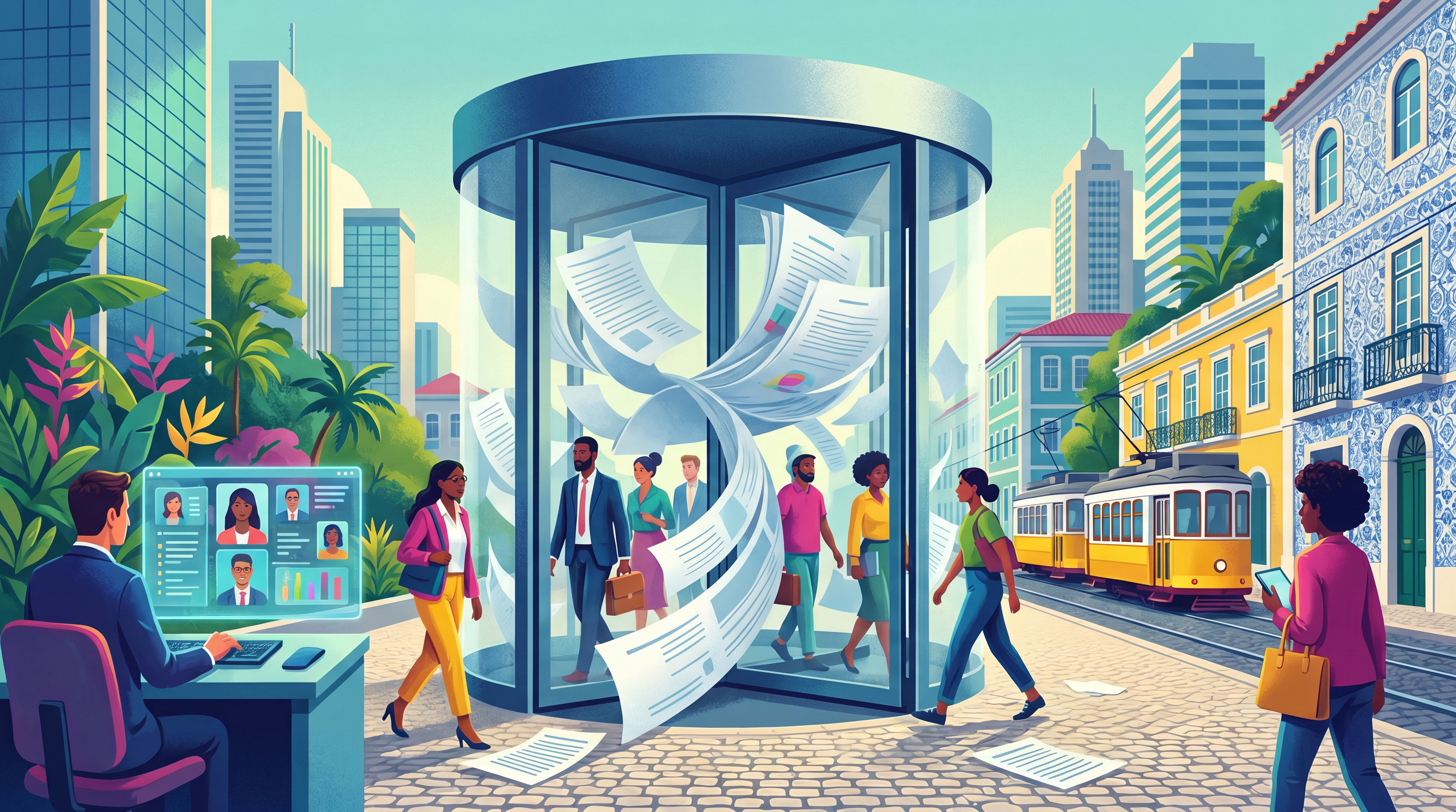 Porta giratória de currículos simbolizando alta rotatividade no mercado de trabalho