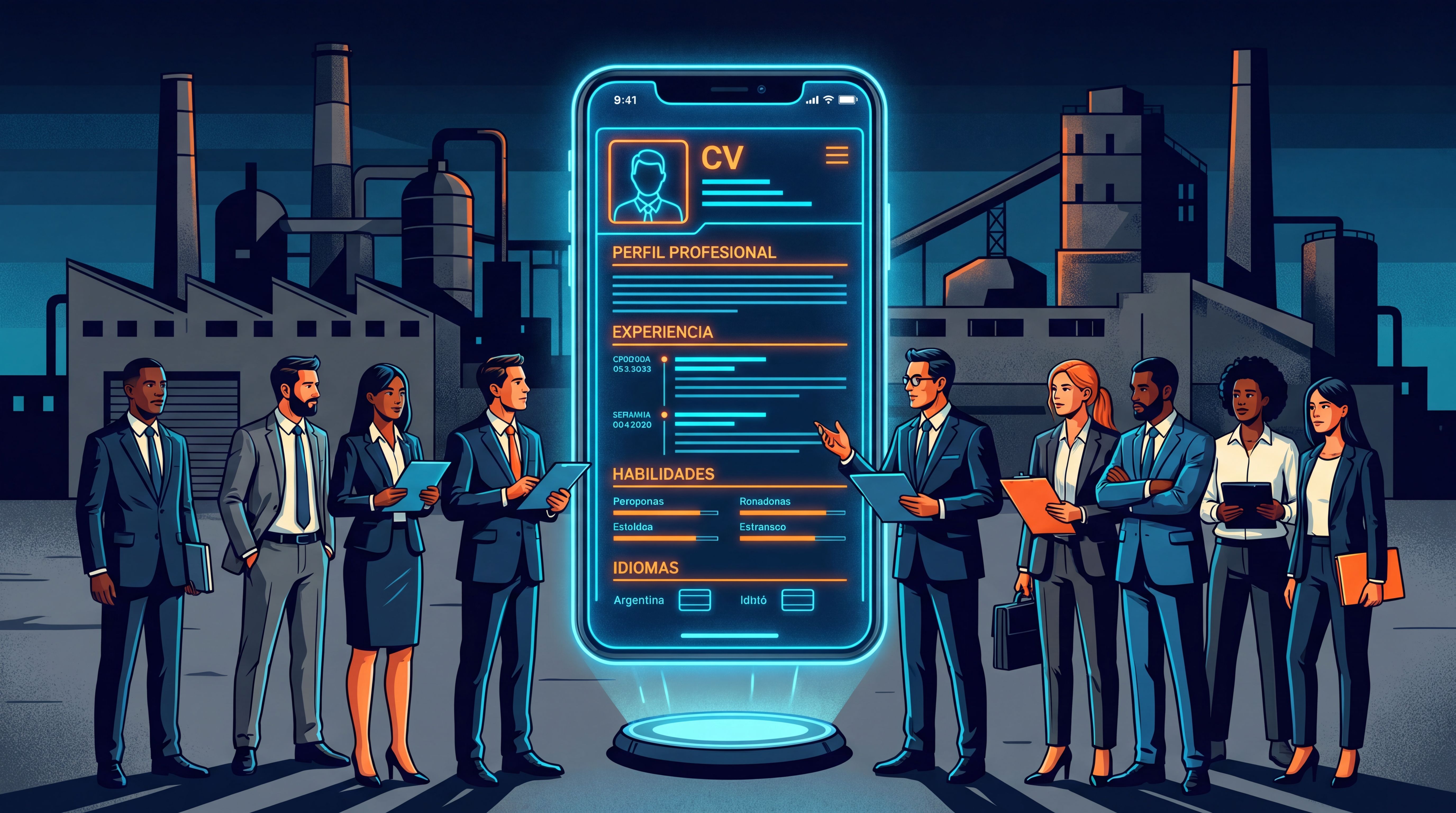 Fábrica en crisis y personas usando un CV virtual para buscar empleo