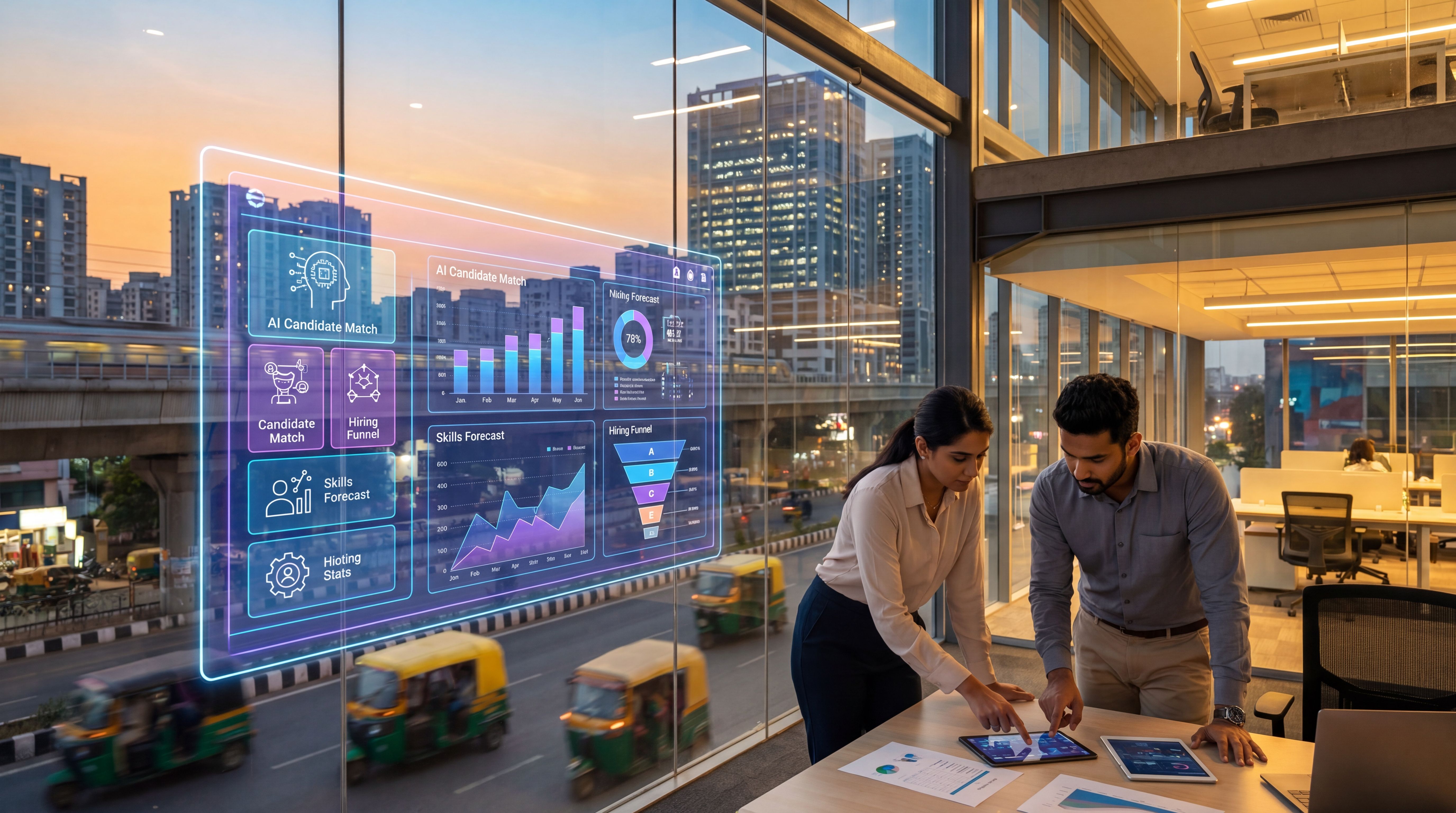 Business analysts and AI hiring dashboards in a modern Indian tech hiring scene