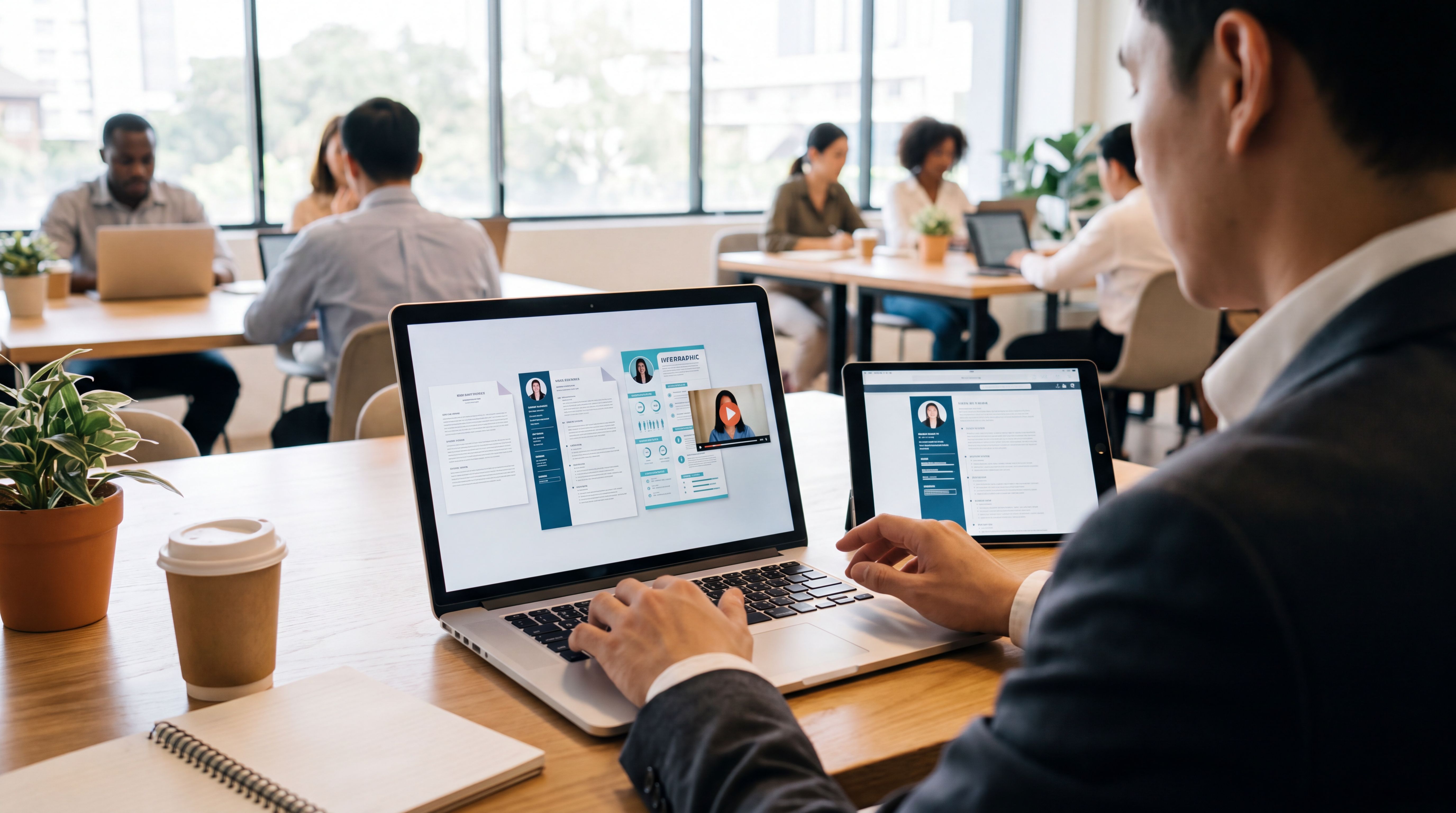 Job seeker comparing PDF resumes, hosted CV pages and a video profile