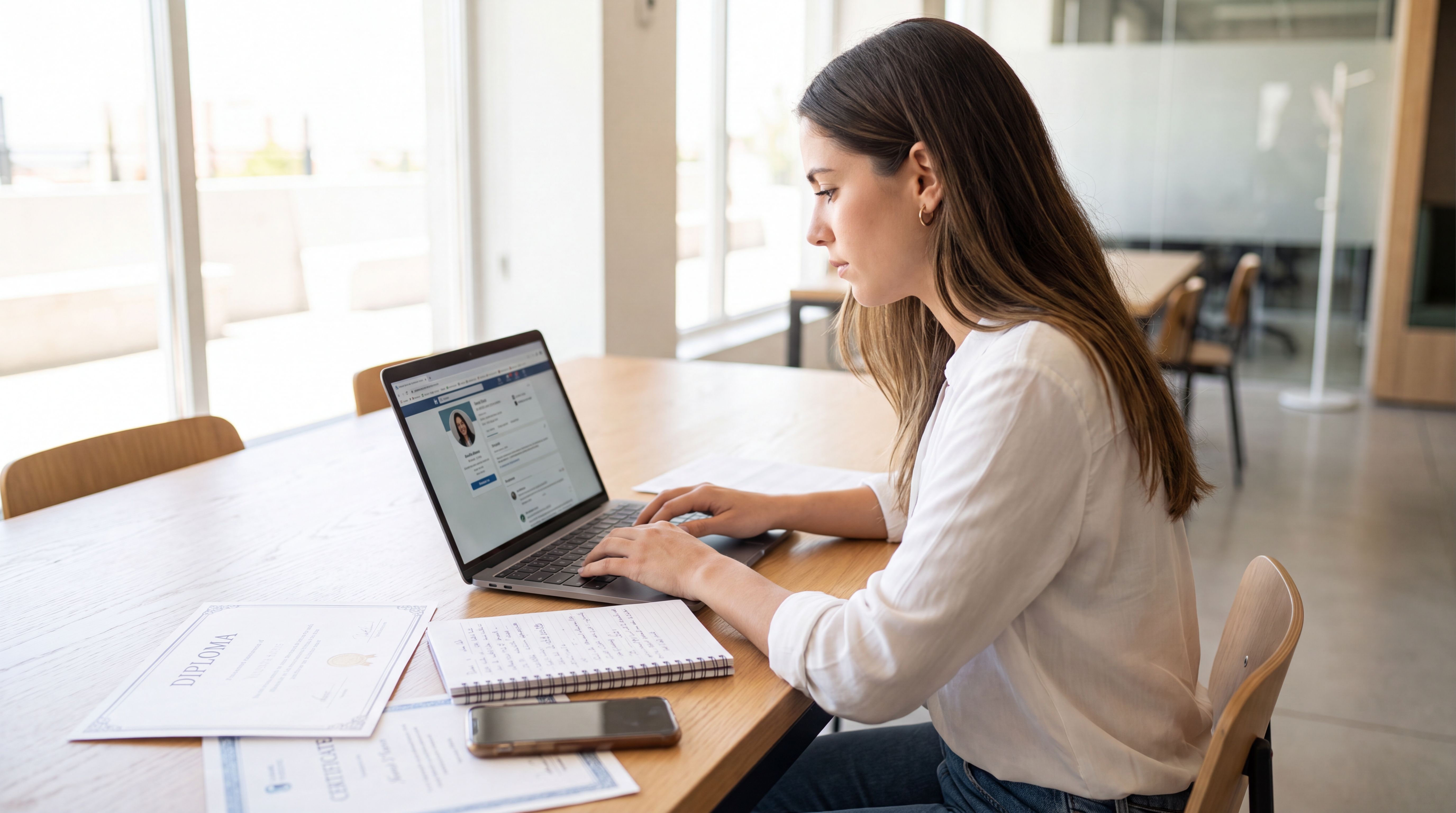 Candidato preparando un perfil profesional digital con evidencias de experiencia
