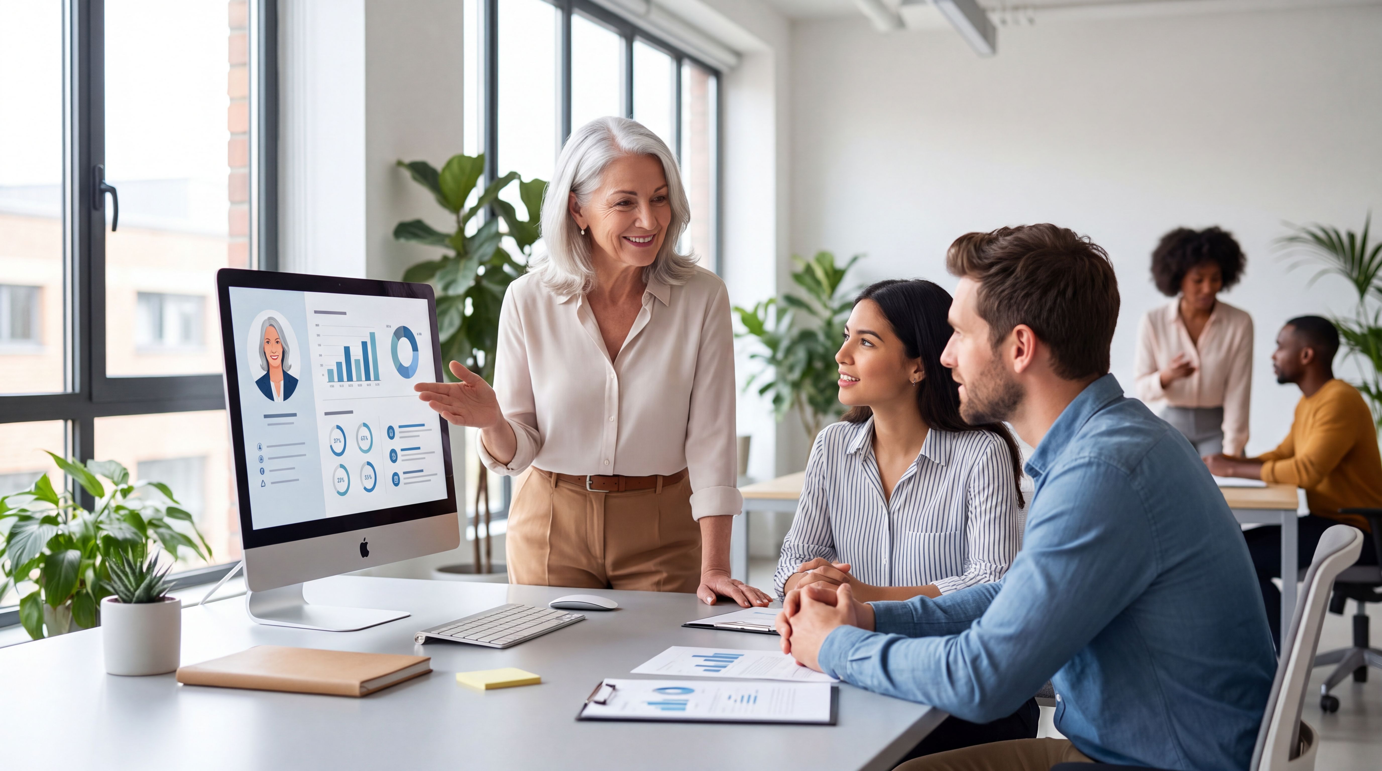 Une professionnelle senior collabore avec une équipe intergénérationnelle dans un bureau moderne
