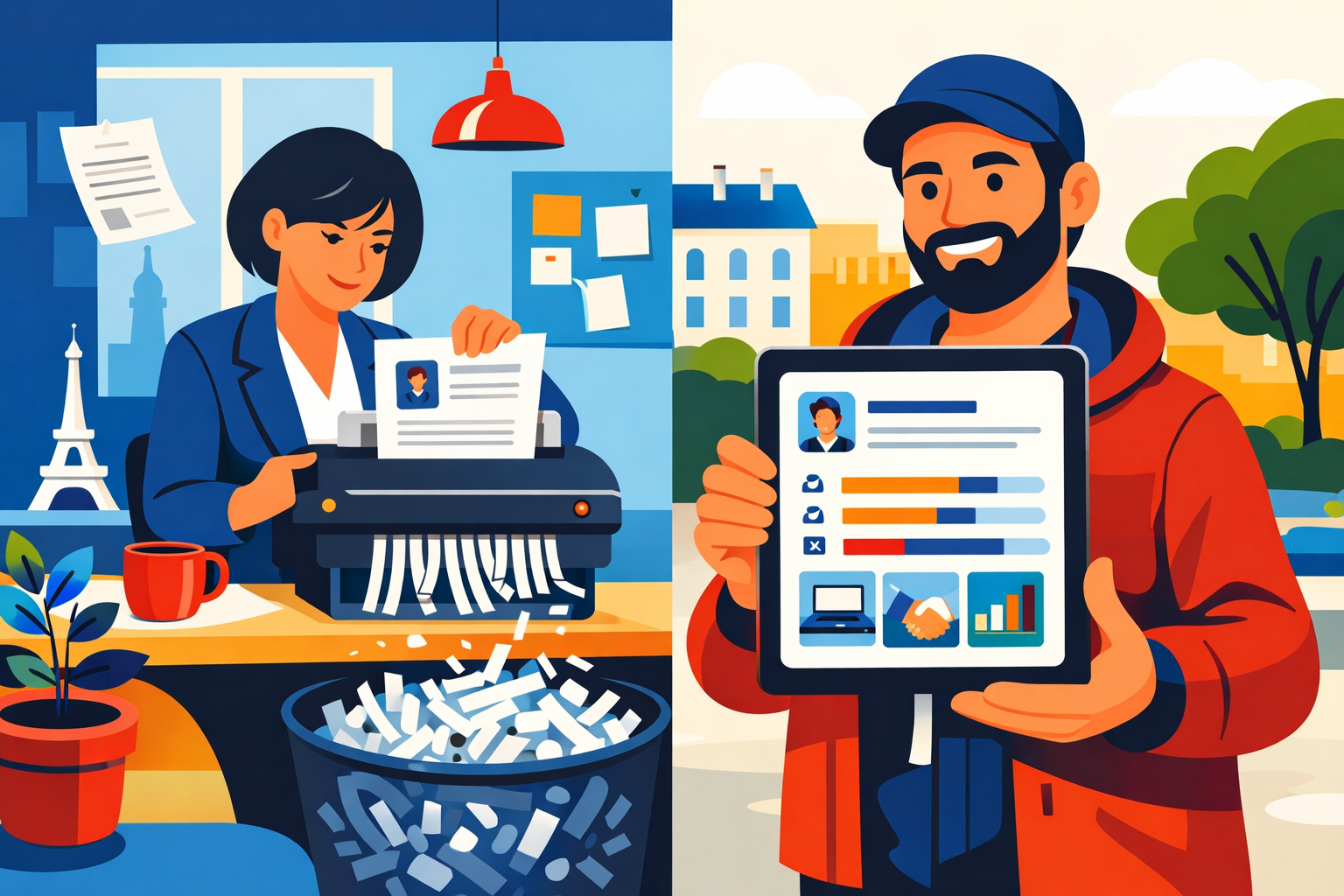 Recruteur et enquêteur terrain avec tablette, des CV papier déchiquetés