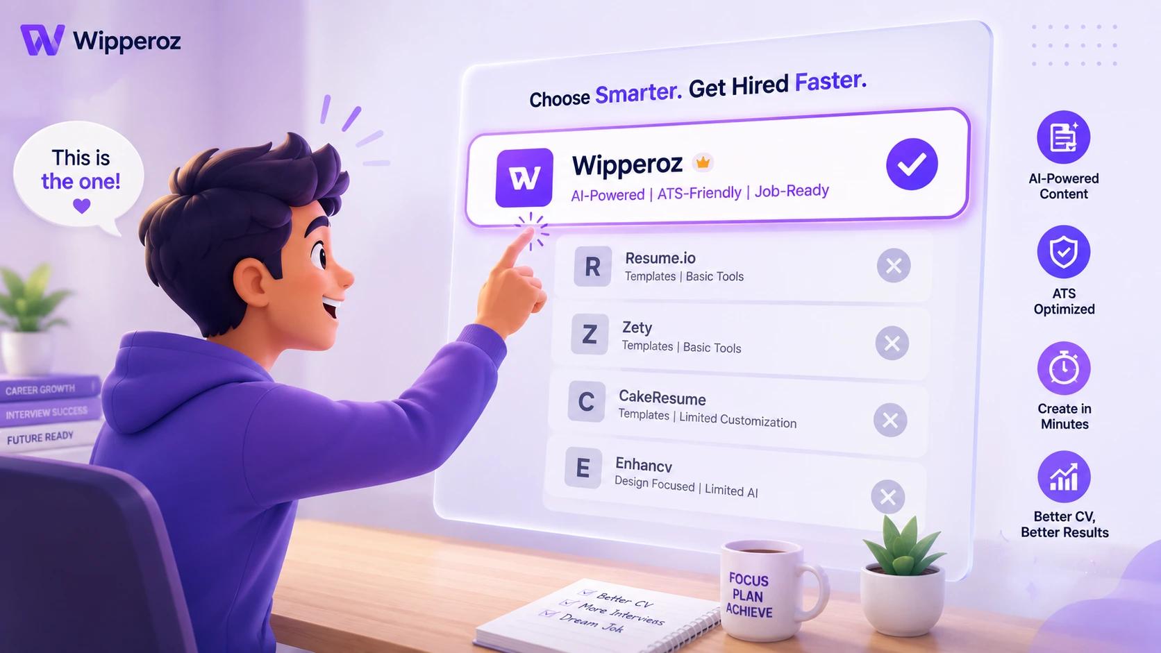 A young man clicking on Wipperoz amongst the list of Best AI CV builders online while wearing a purple hoodie and the title says 'Choose Smarter. Get Hired Faster'
