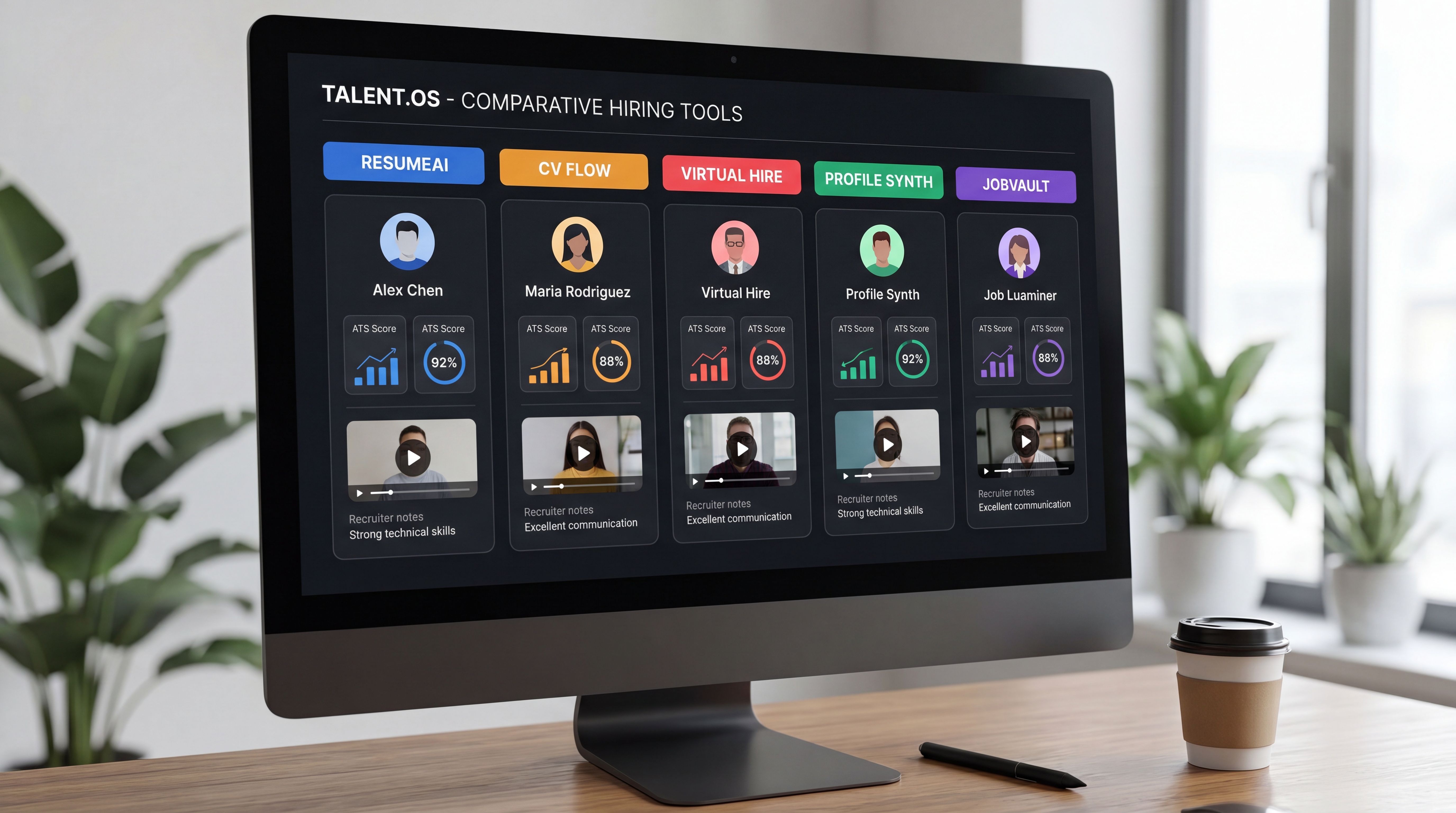 Recruiter dashboard comparing ATS resume checker tools and virtual CV profiles