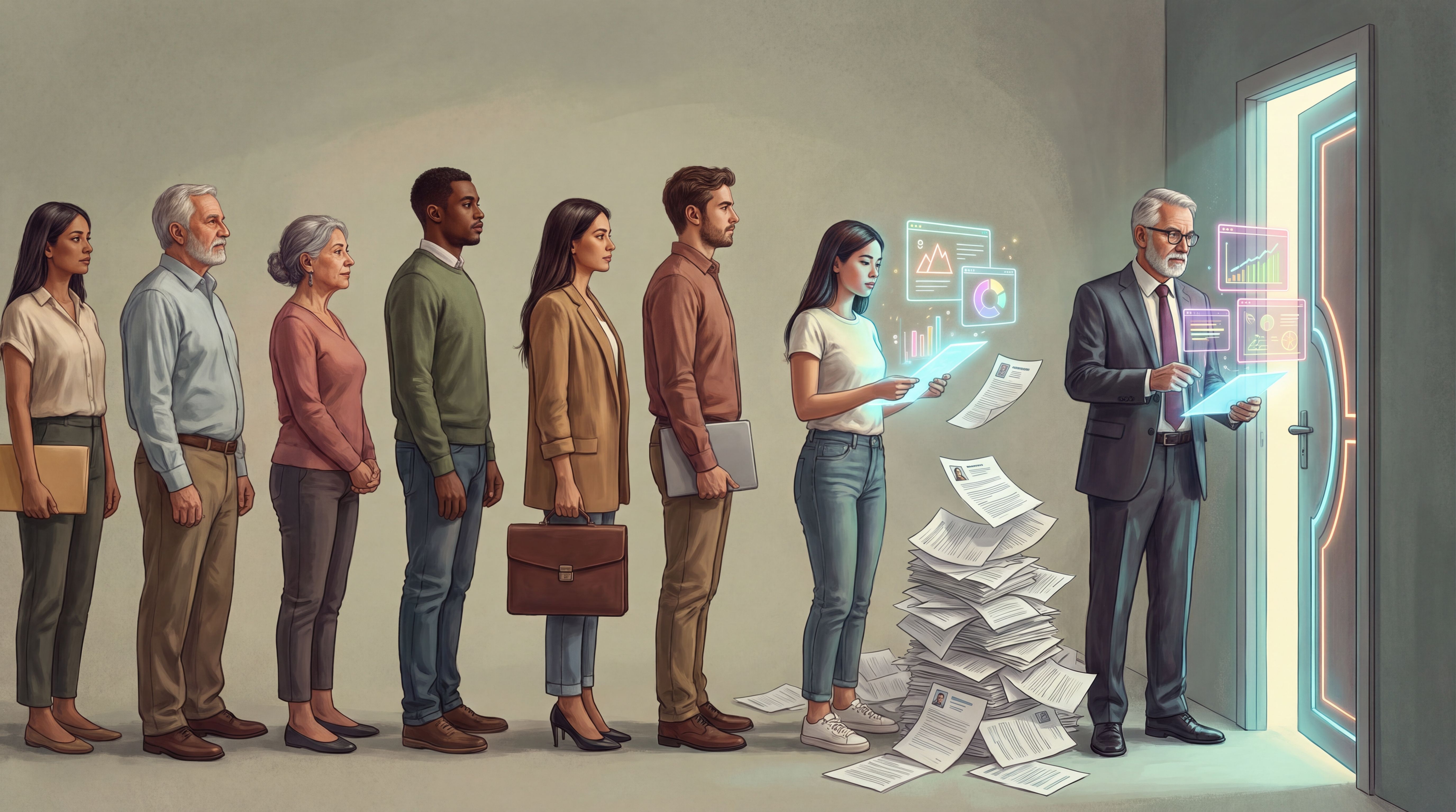 Candidatos bloqueados por currículums de papel ante una puerta laboral estrecha
