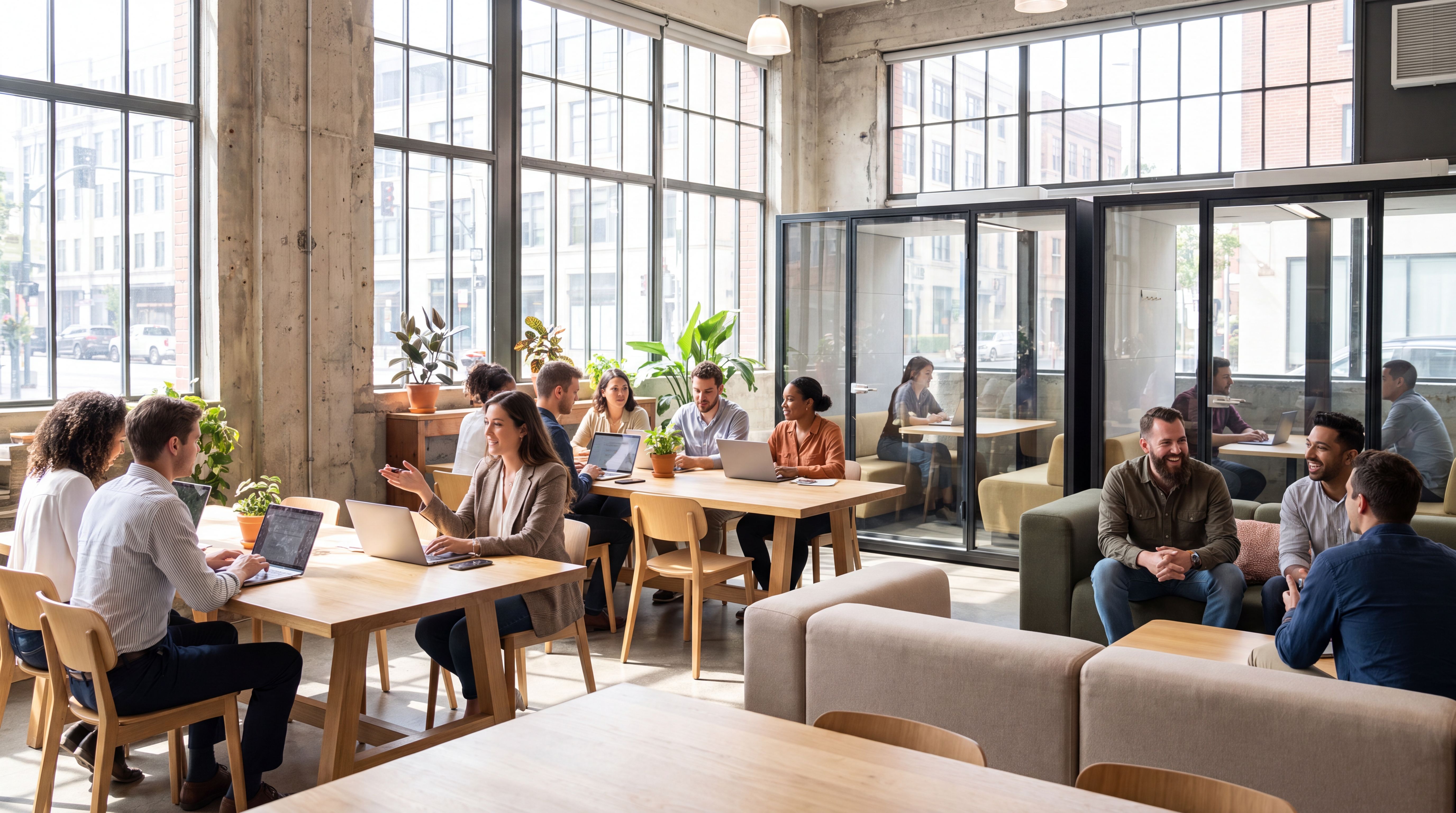 Profissionais em coworking moderno com notebooks e ambiente híbrido
