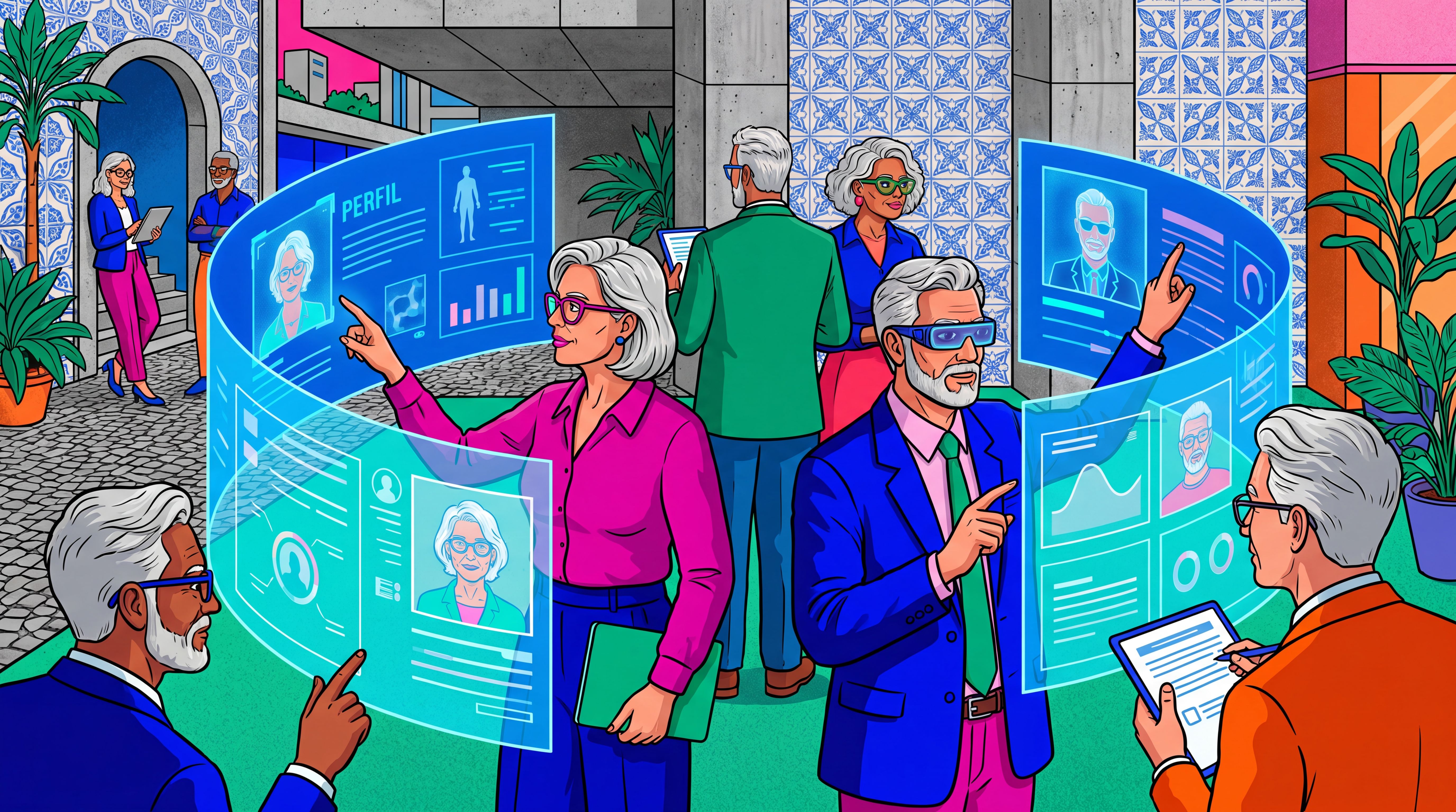 Profissionais mais velhos usando tecnologia em processo de recrutamento digital
