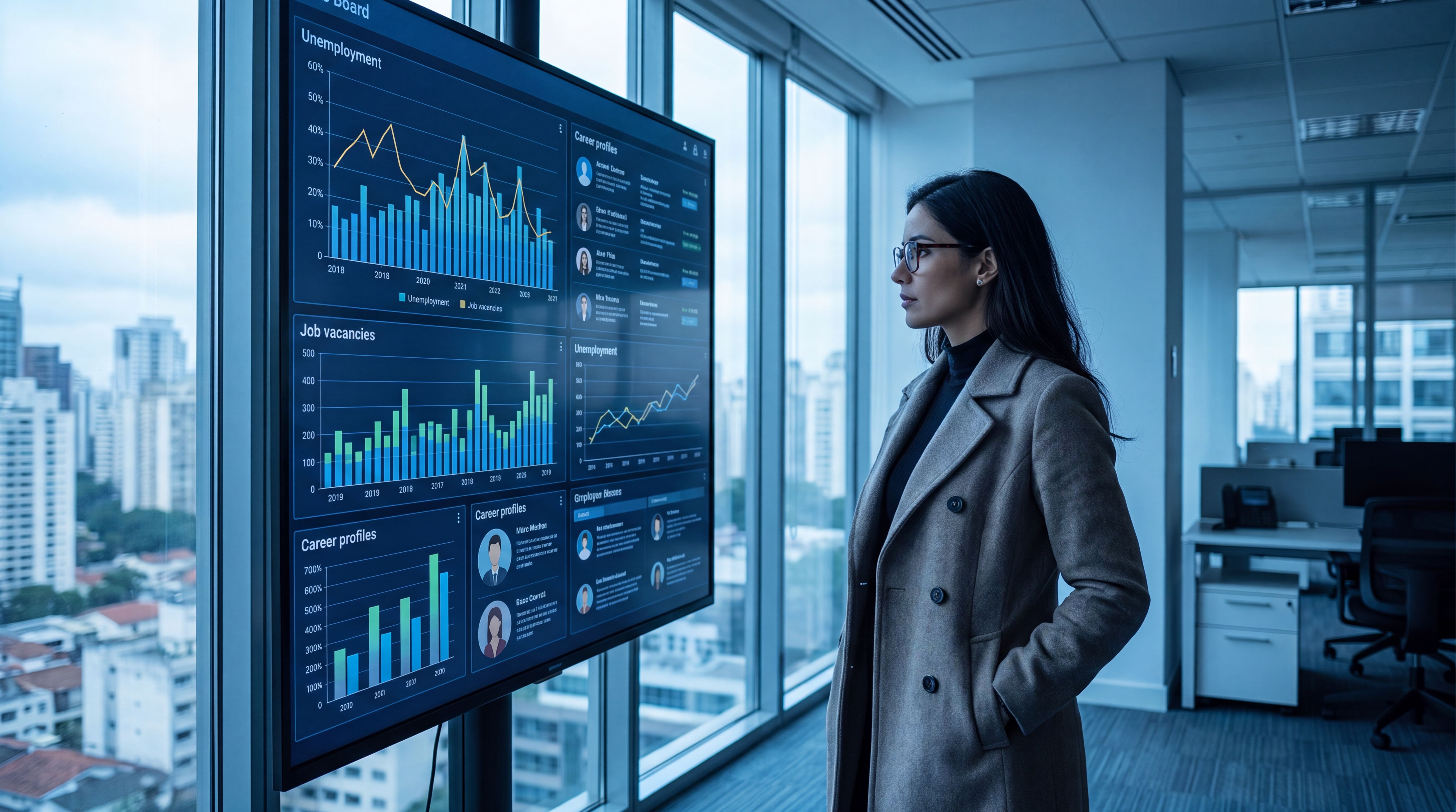 Persona analiza señales del mercado laboral en una pantalla digital