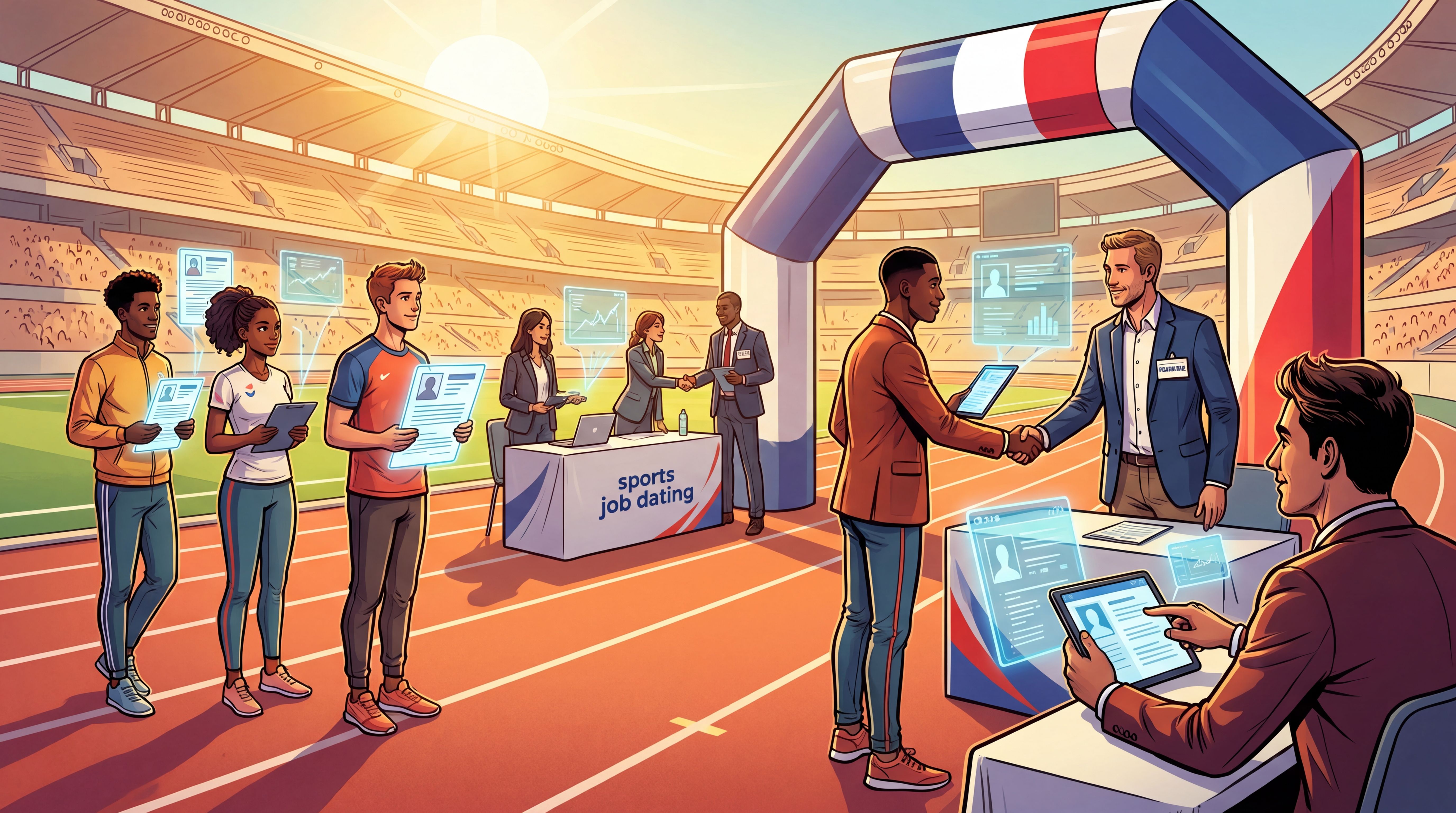 Candidats et recruteurs lors d’un job dating sportif sur un terrain