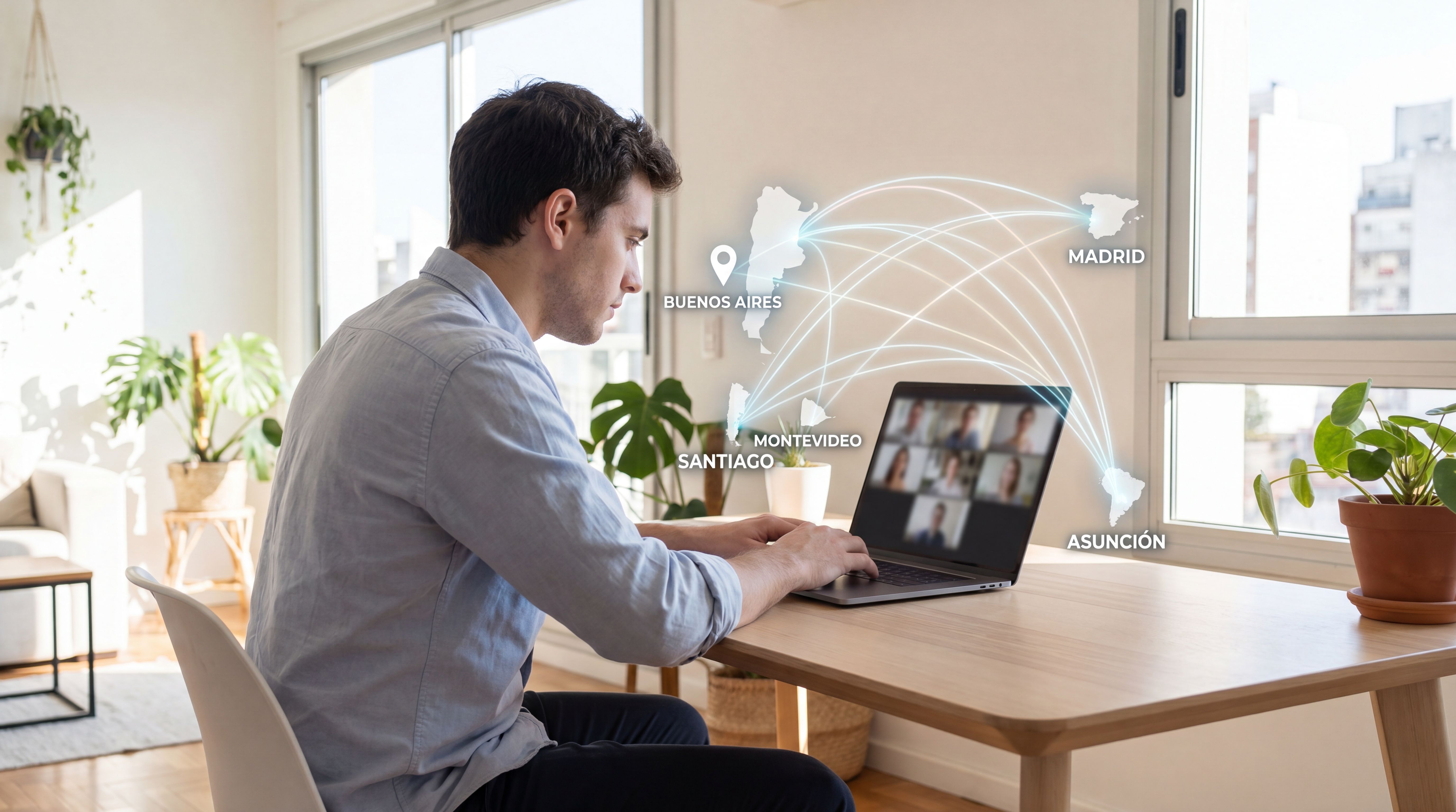 Trabajo remoto conectado digitalmente entre países hispanos