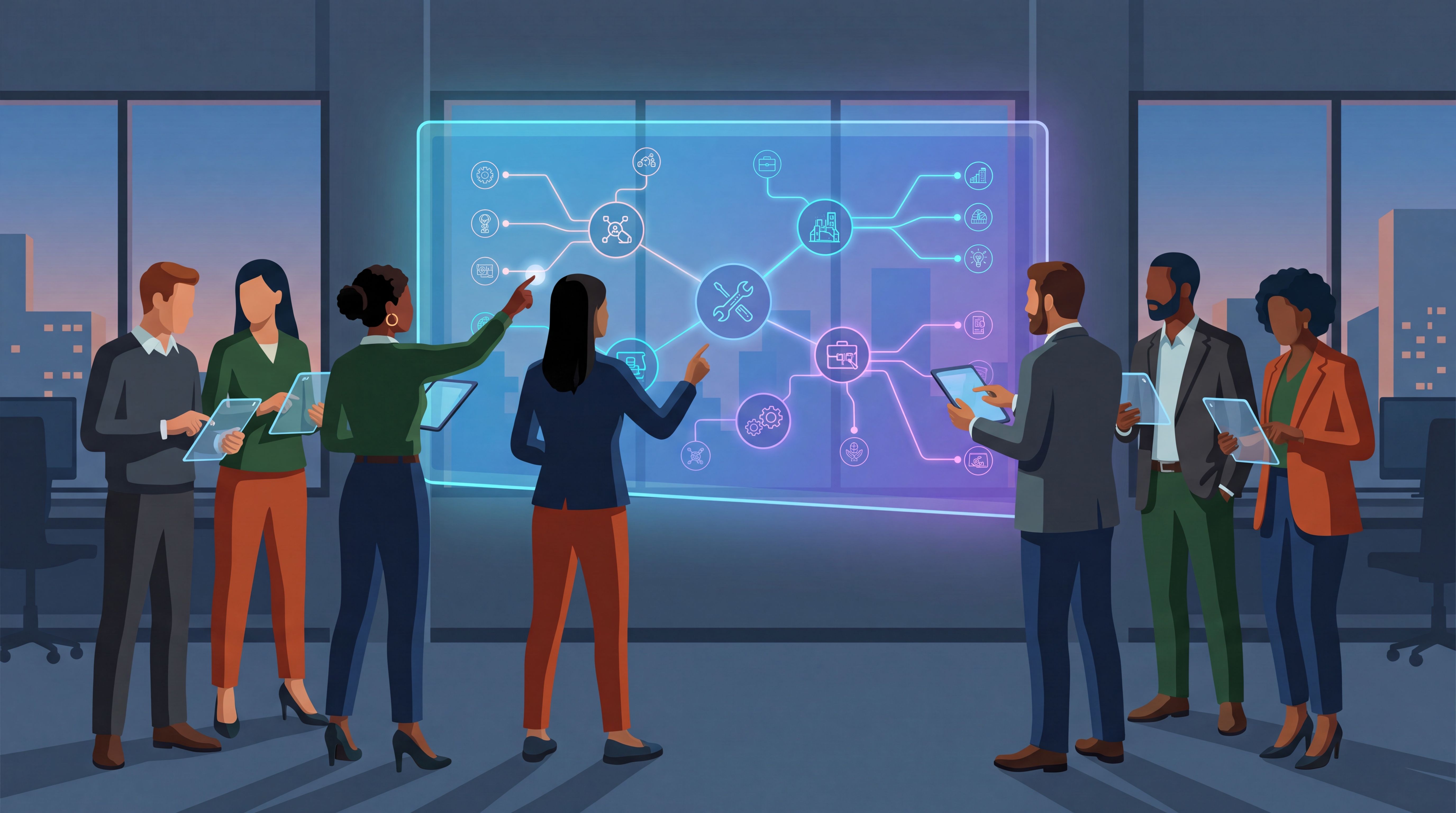 Recruiters reviewing a digital skills map instead of paper resumes