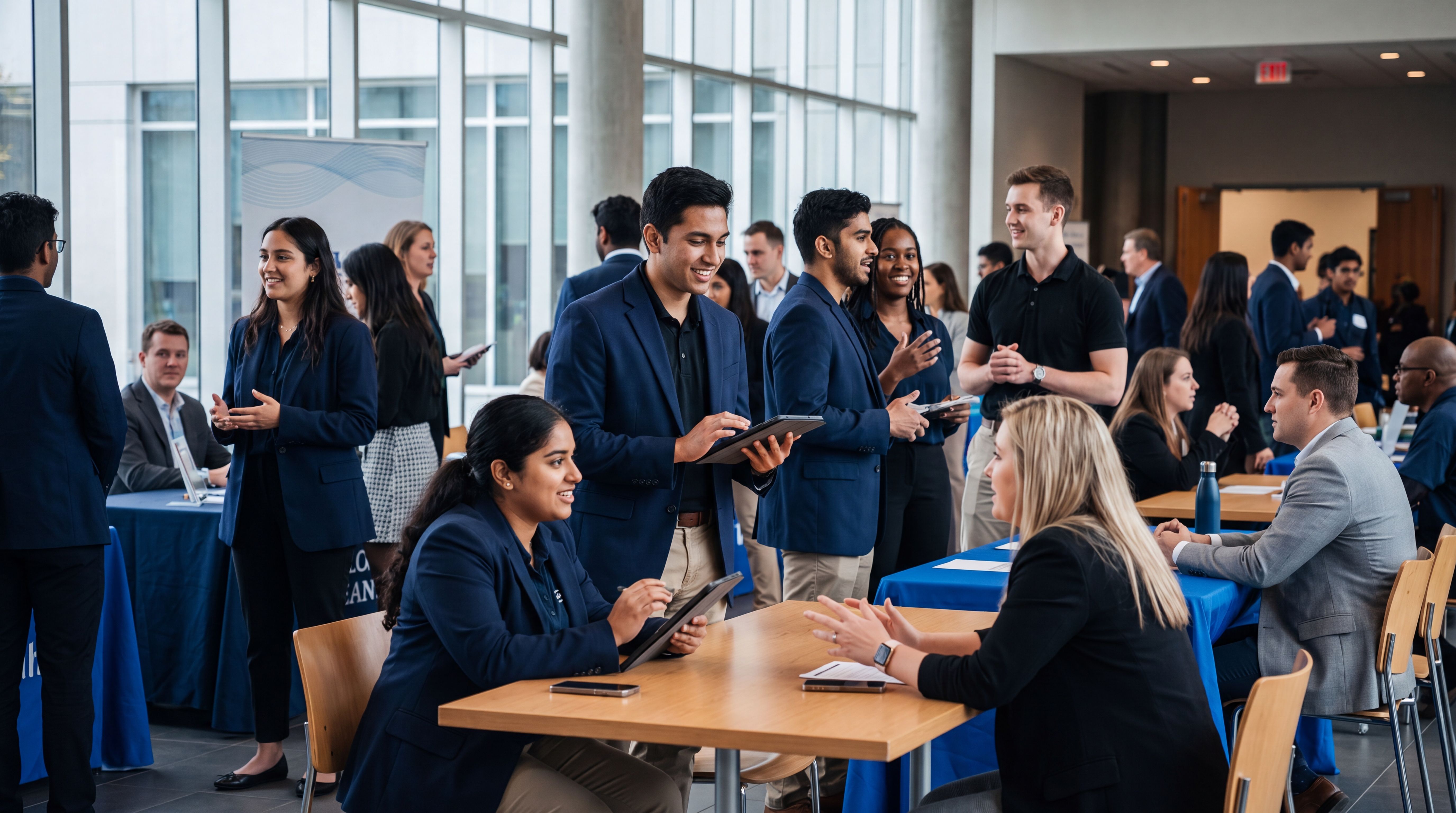 Recruiters and young candidates talking at a modern career event