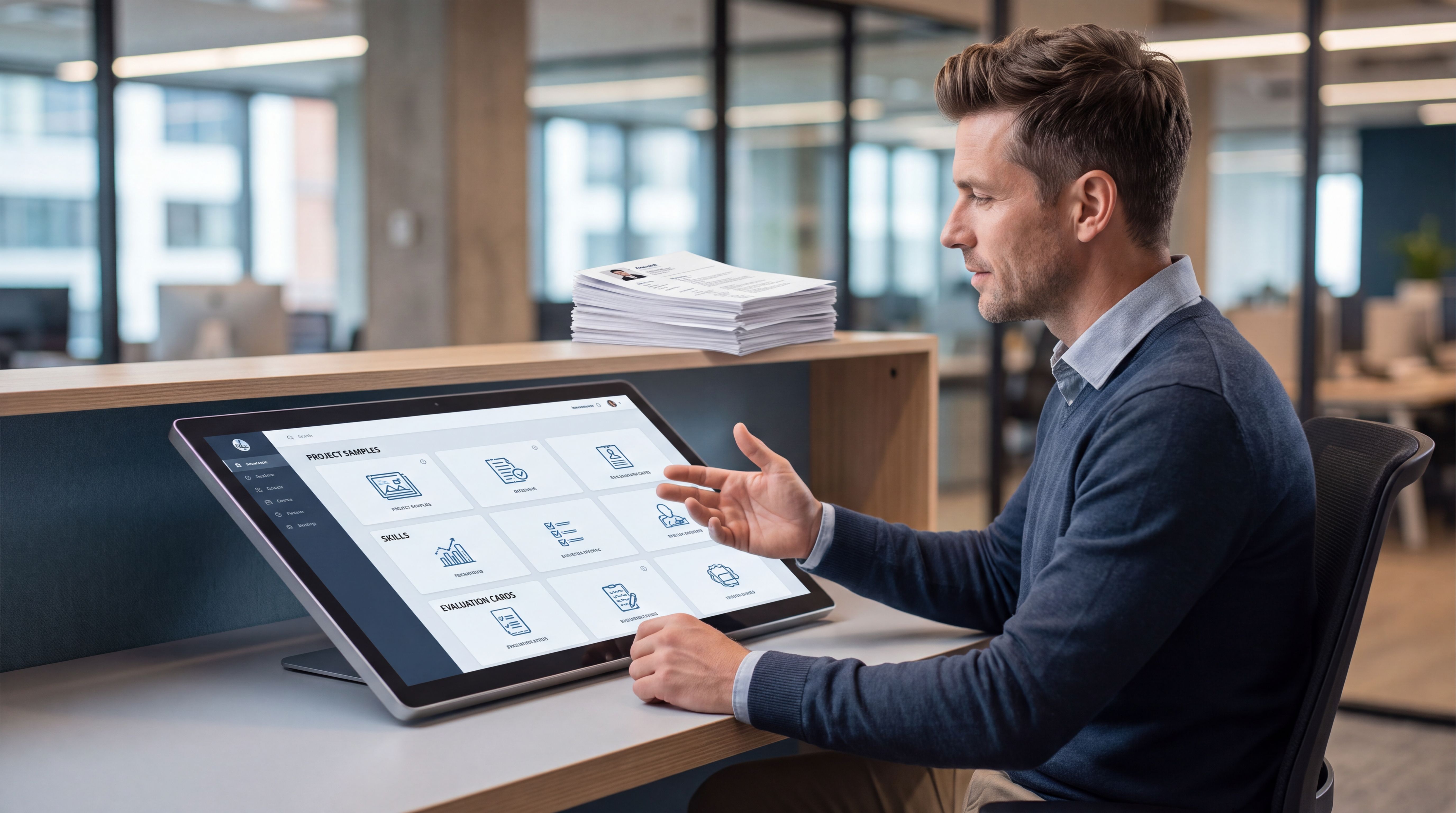 Recruiter assessing structured candidate evidence instead of identical paper resumes