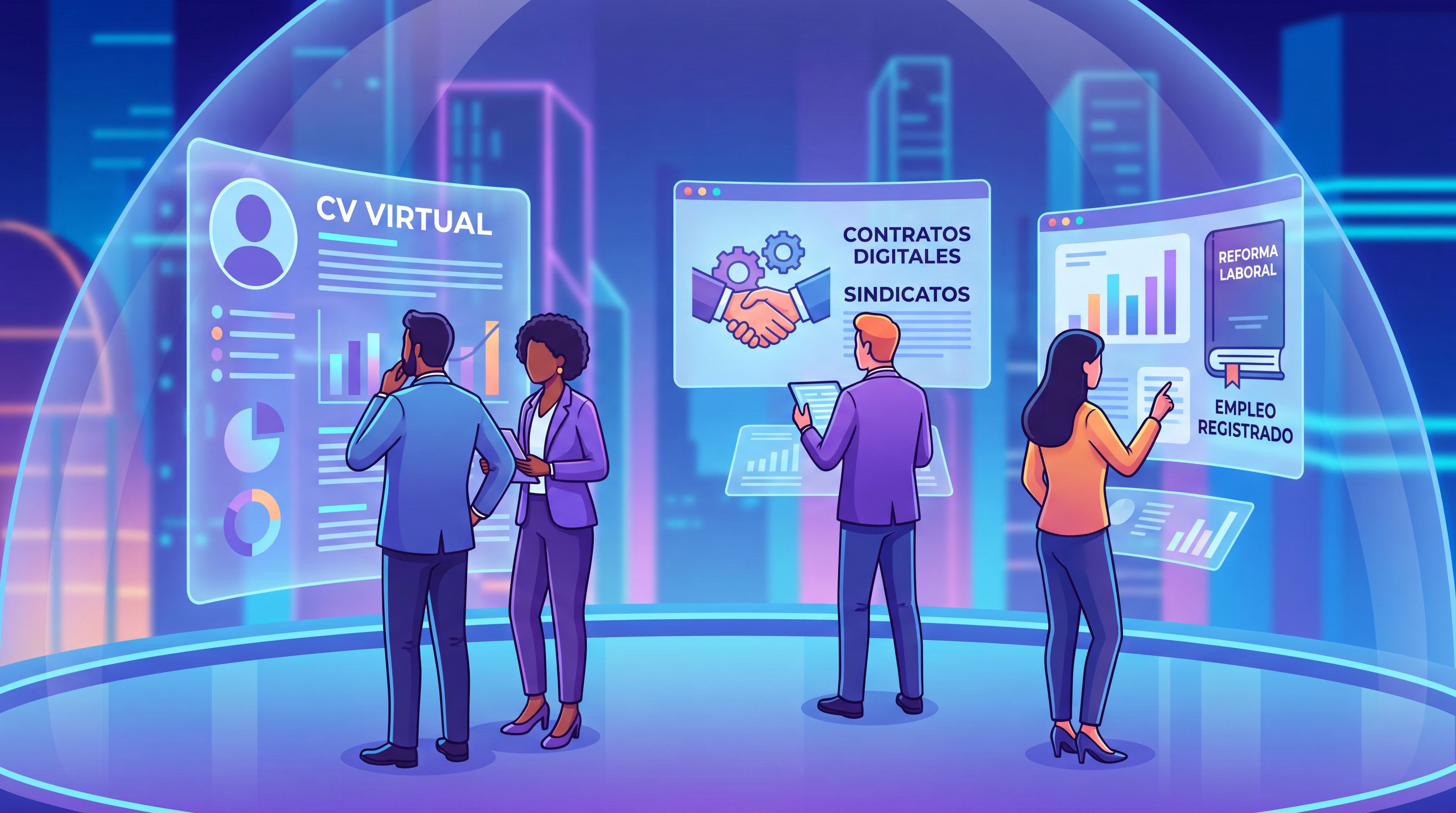 Personas analizando cambios laborales y perfiles digitales en una interfaz futurista