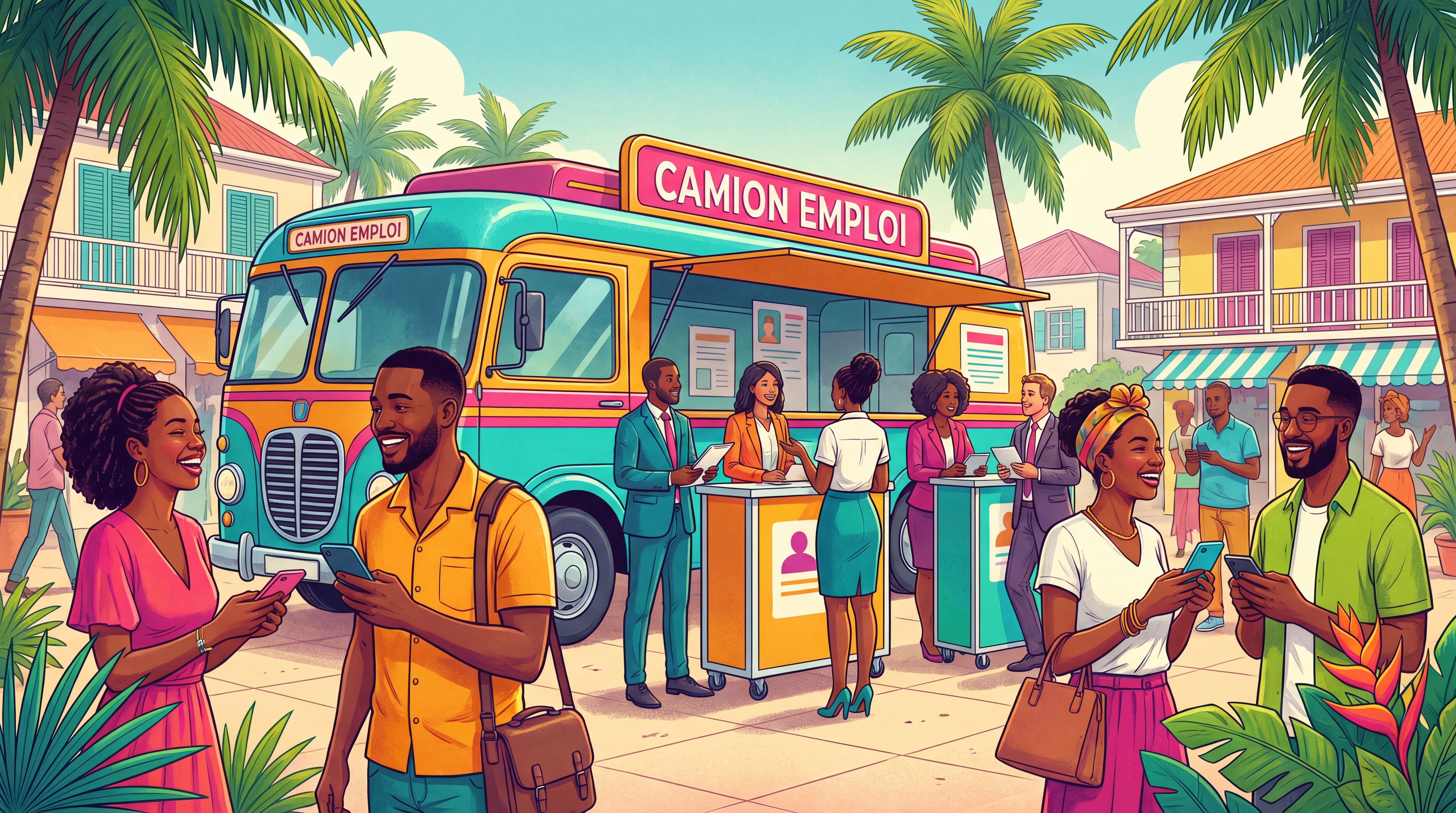 Truck de l’emploi en Guadeloupe avec candidats et recruteurs autour d’un stand mobile