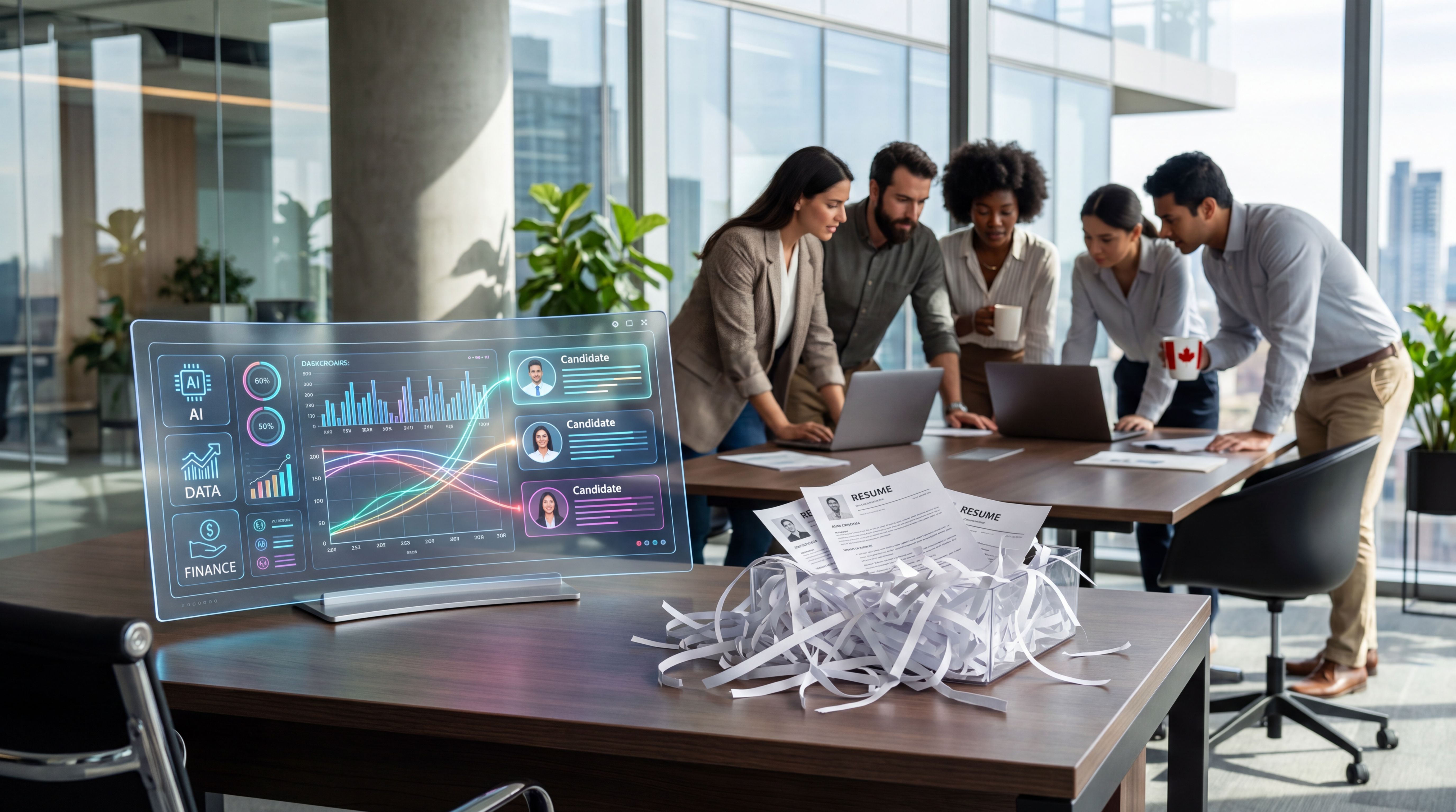Futuristic hiring dashboard beside a paper resume as AI and data skills reshape finance hiring