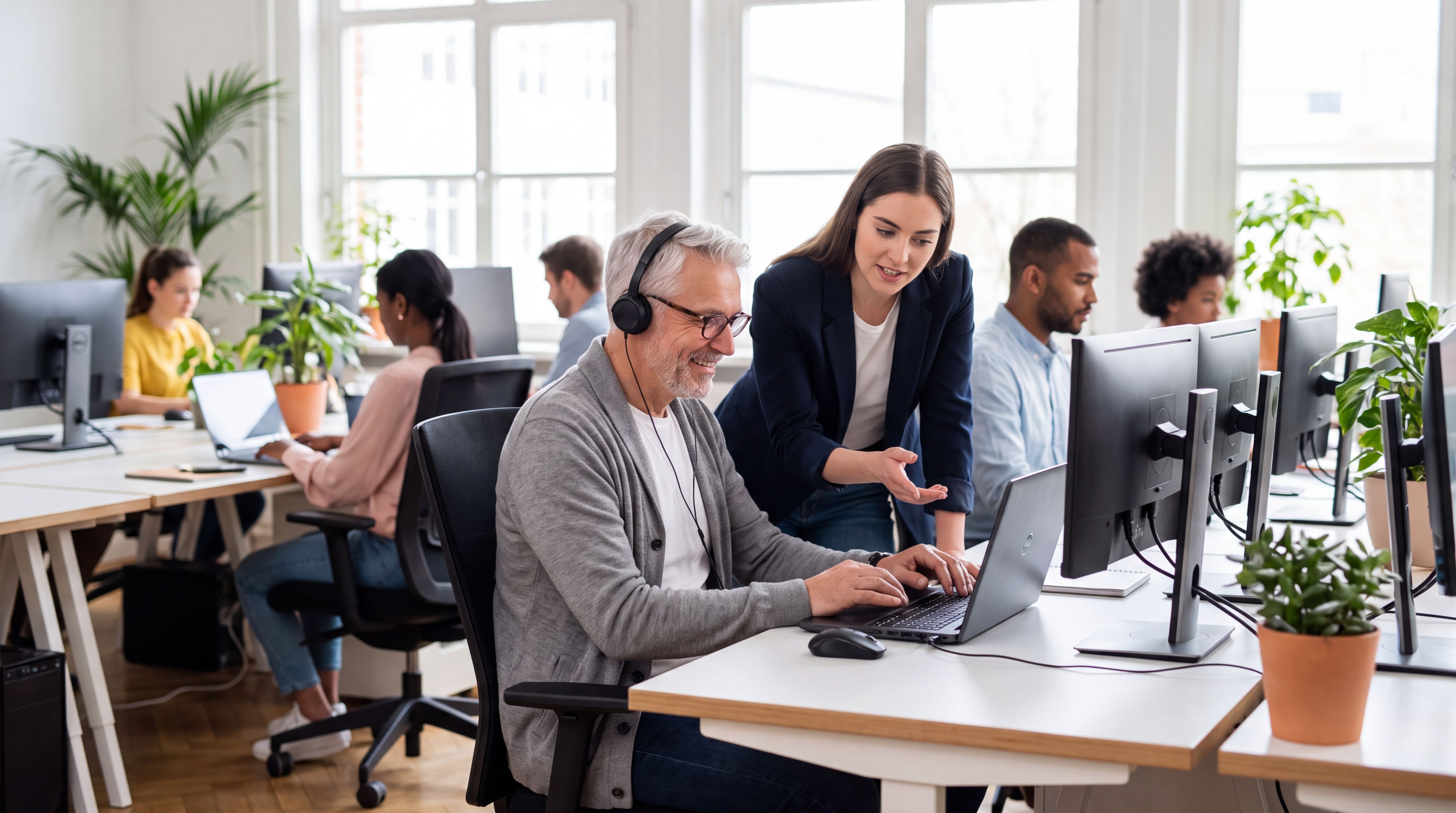Un salarié senior suit une formation numérique avec des outils accessibles