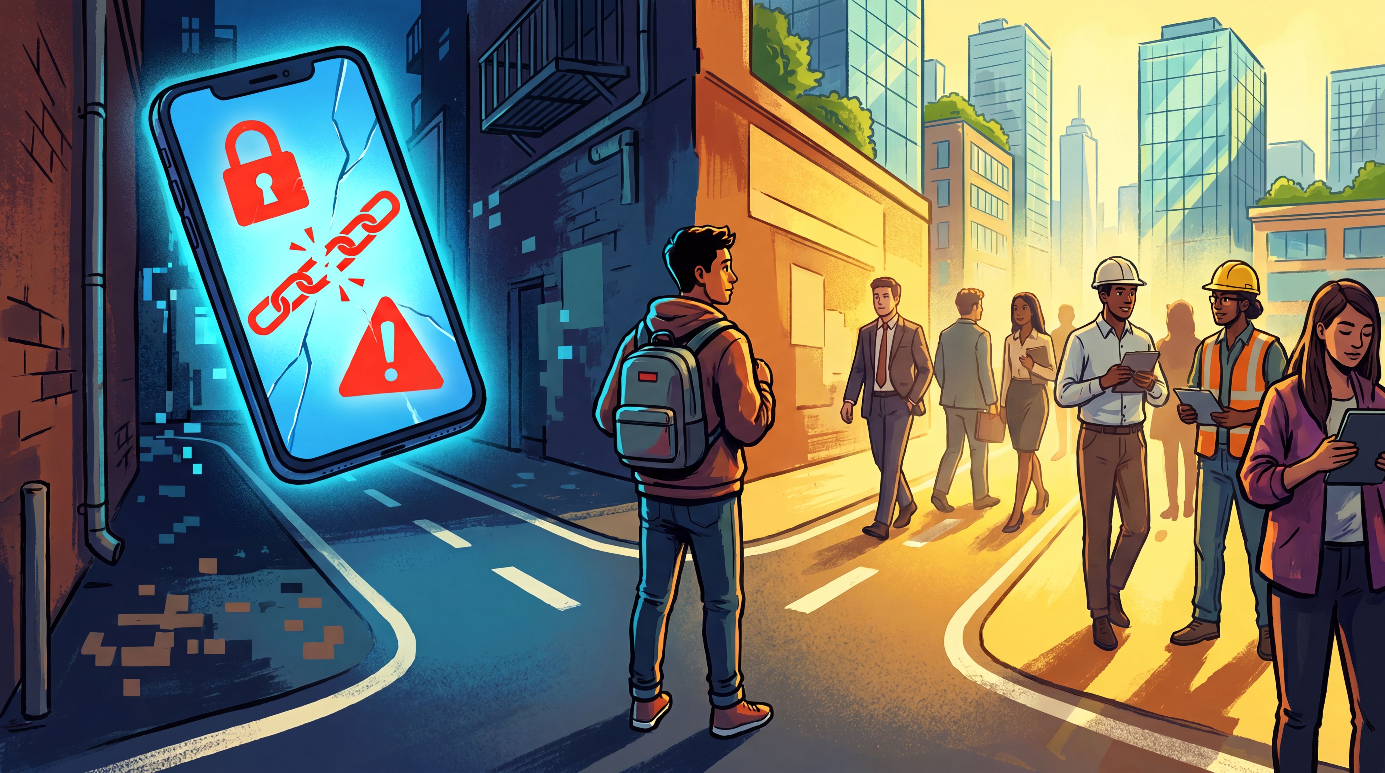 Teen choosing between risky phone apps and a safer pathway to real work