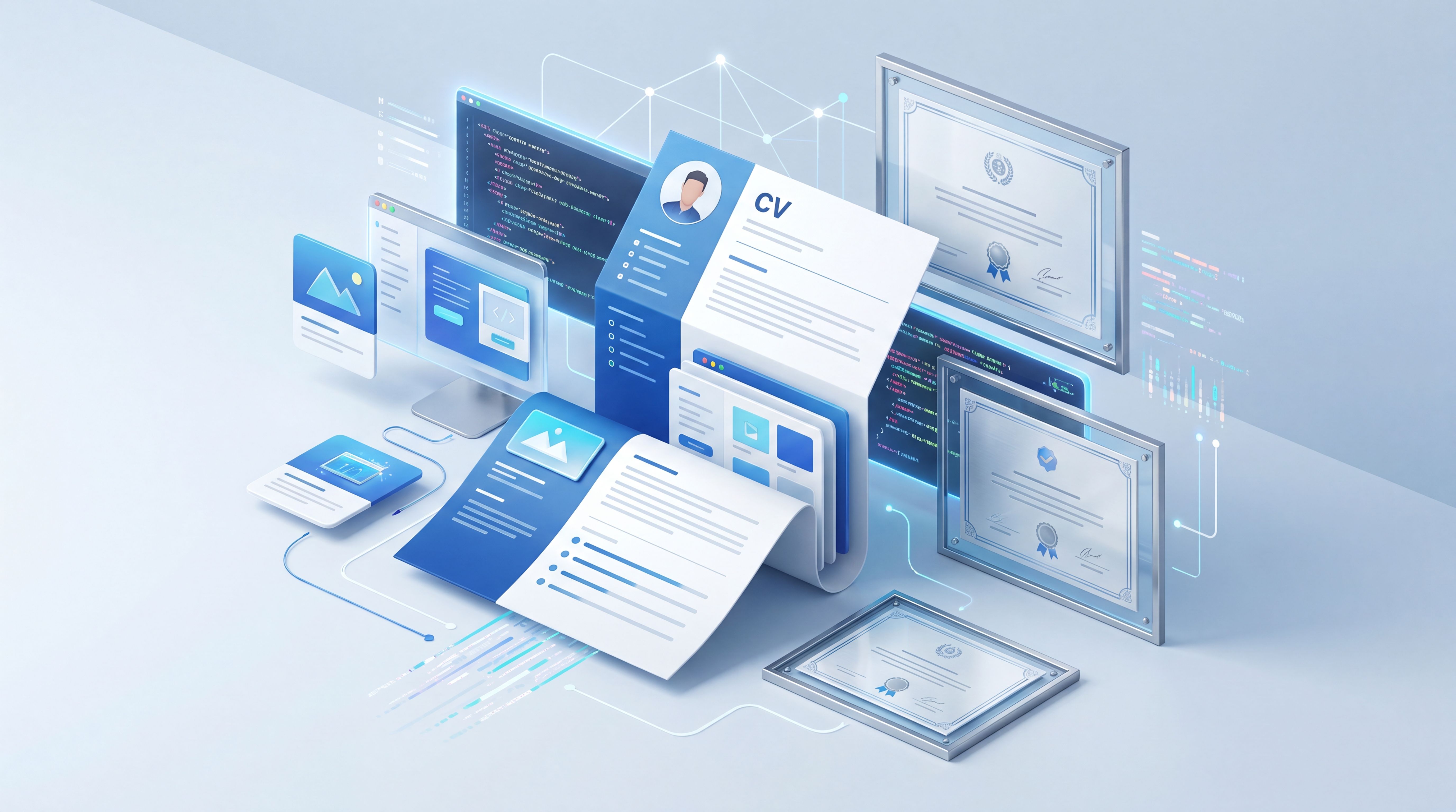 Currículum en papel rodeado de proyectos digitales y certificados
