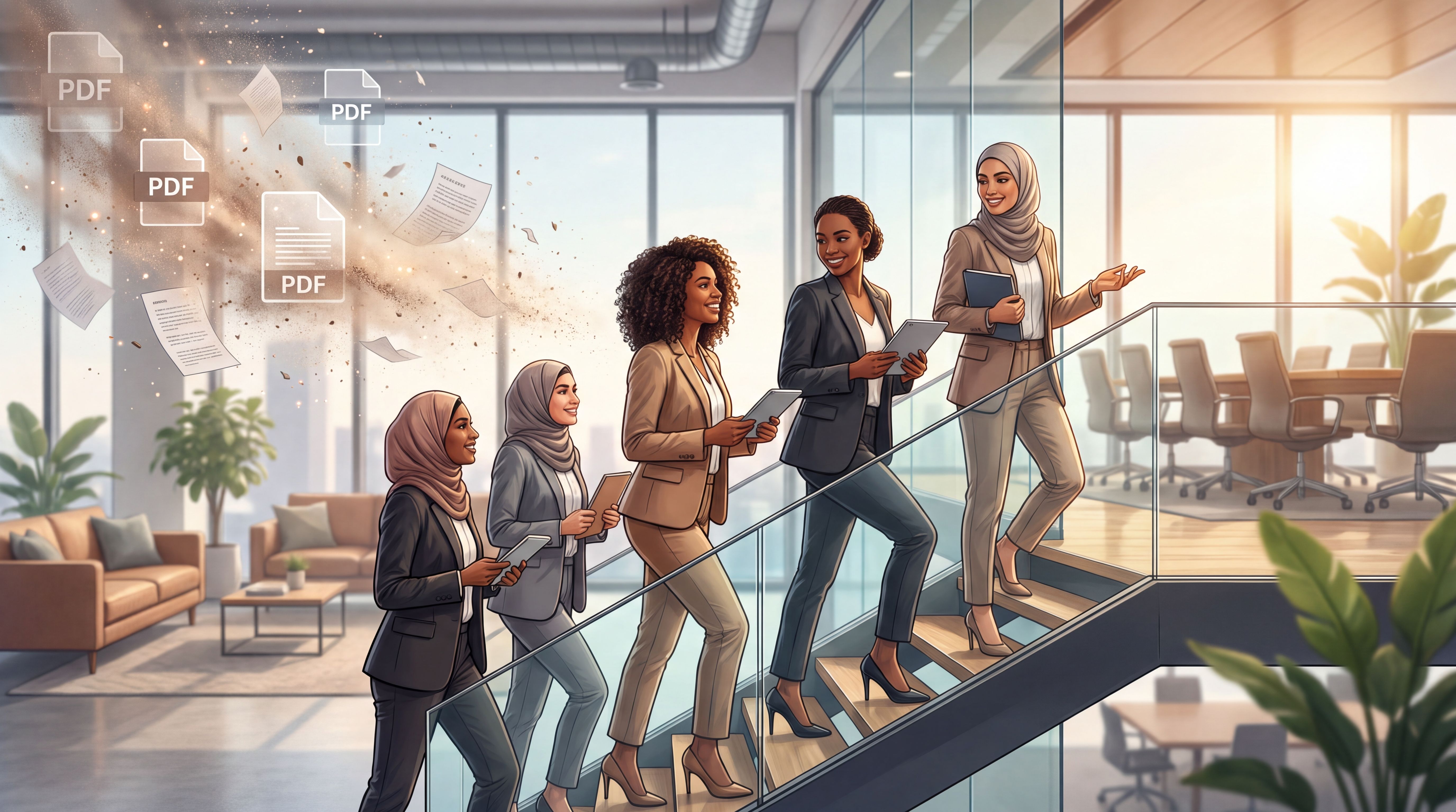 Mulheres profissionais avançam para cargos de liderança num escritório moderno