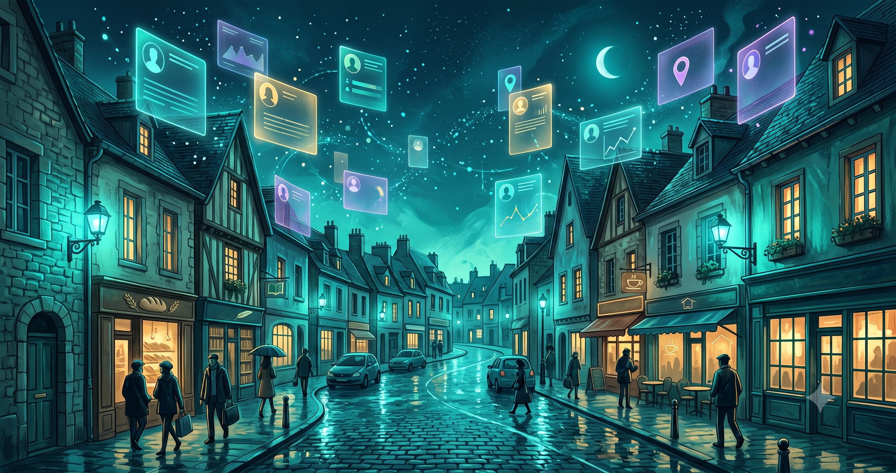 Small town in teal light with floating digital profile cards