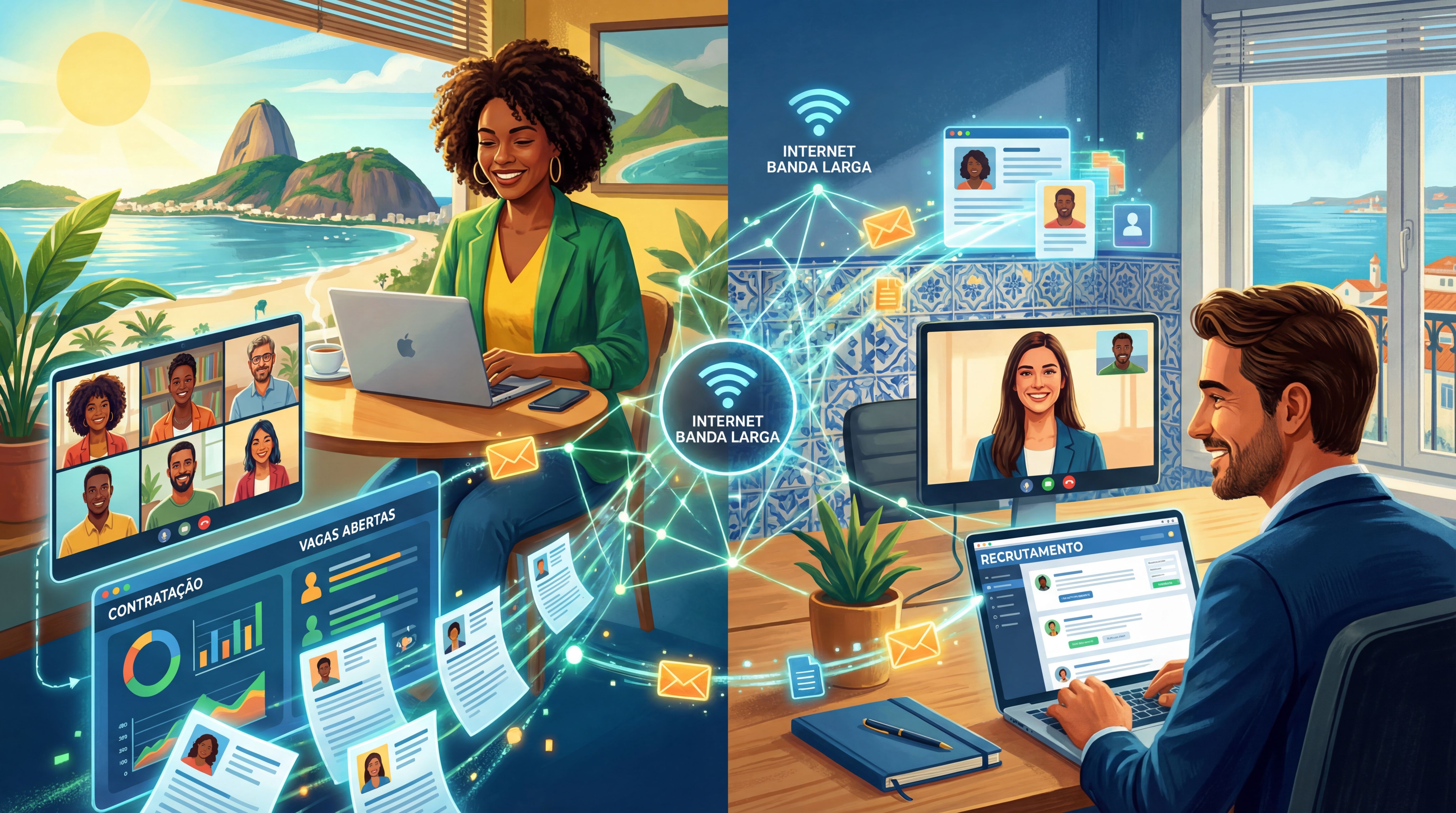 Profissionais no Brasil e em Portugal usando internet rápida para trabalhar e recrutar online