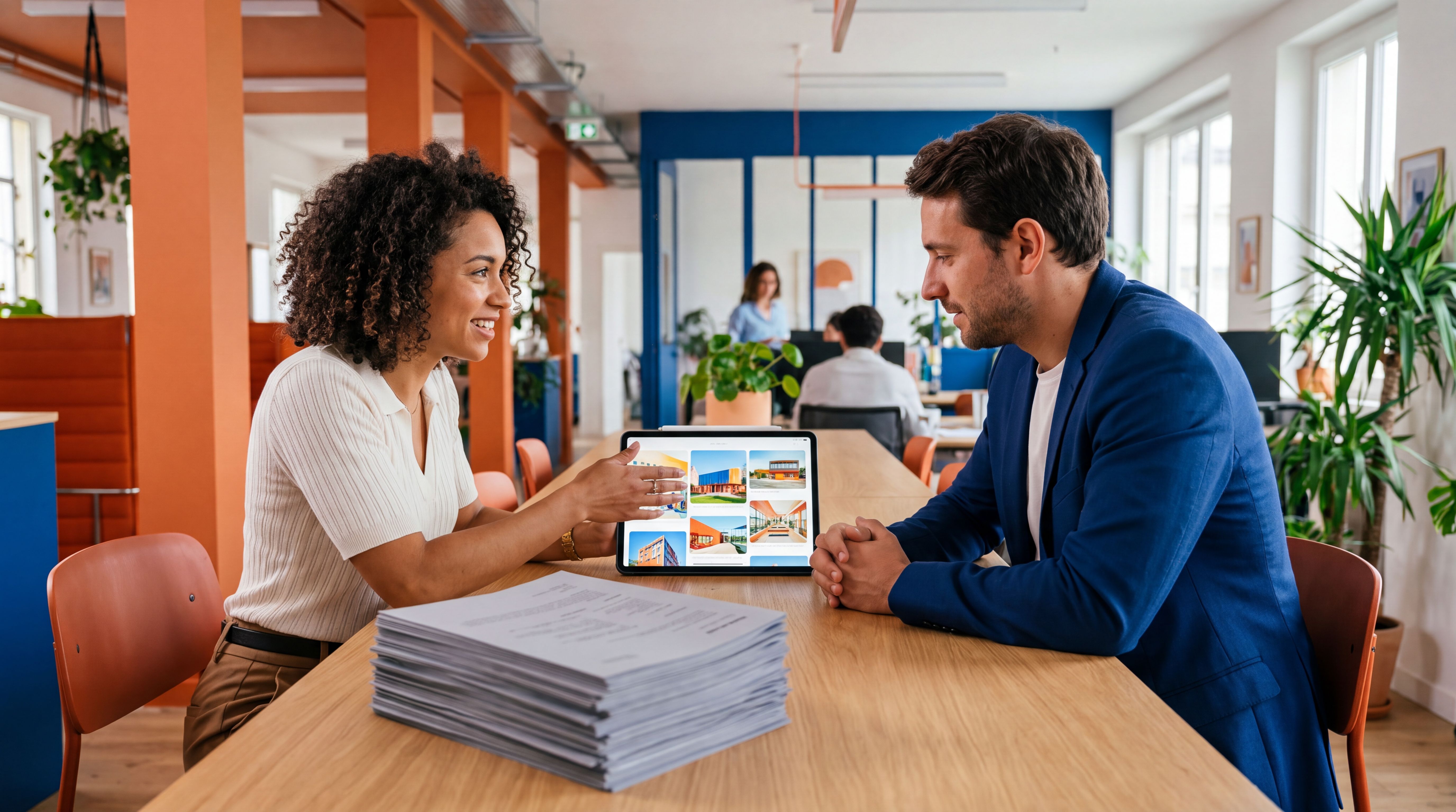Une candidate présente ses réalisations sur tablette plutôt qu’un CV papier
