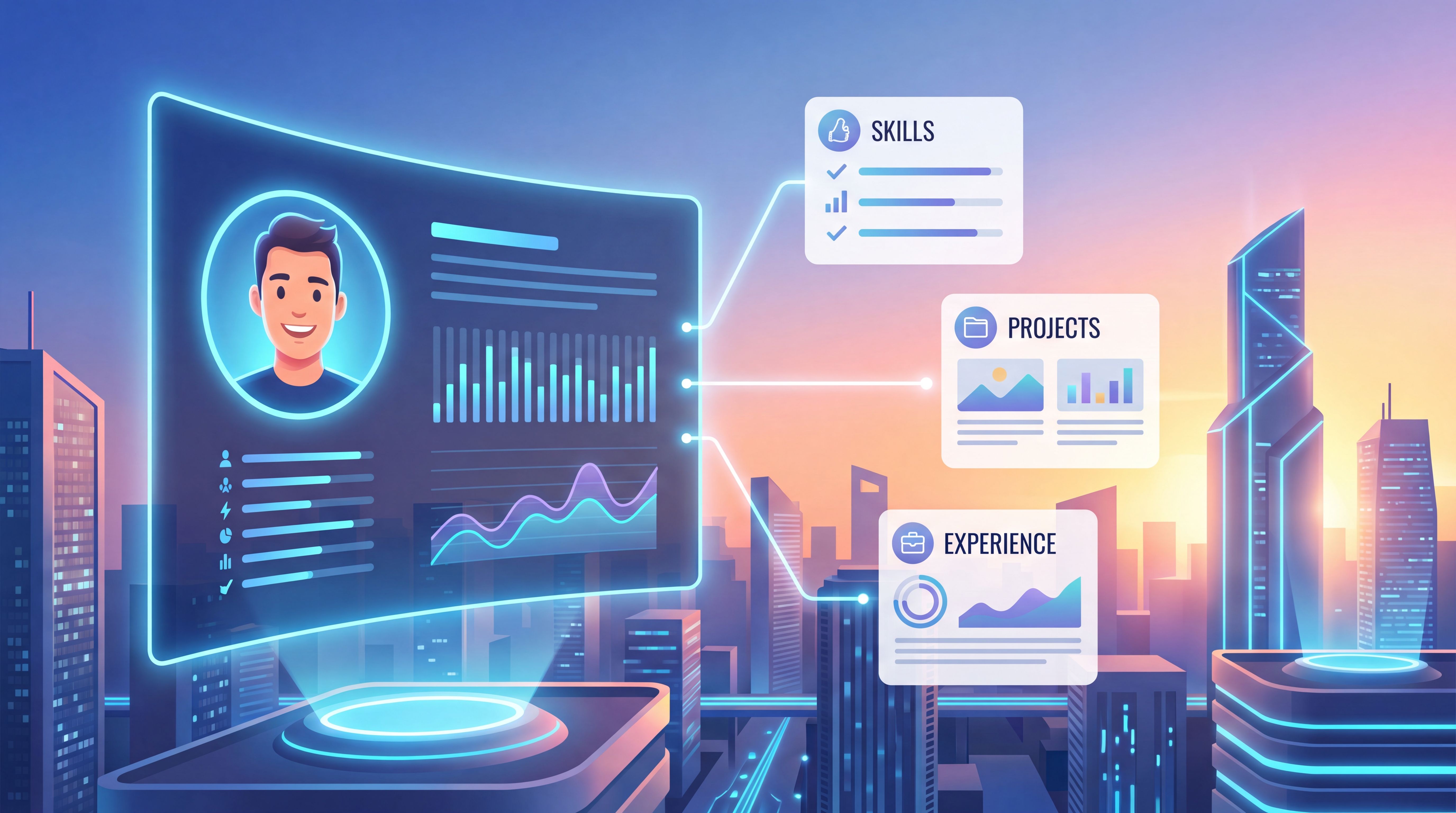 Perfil profesional digital con habilidades y proyectos conectados