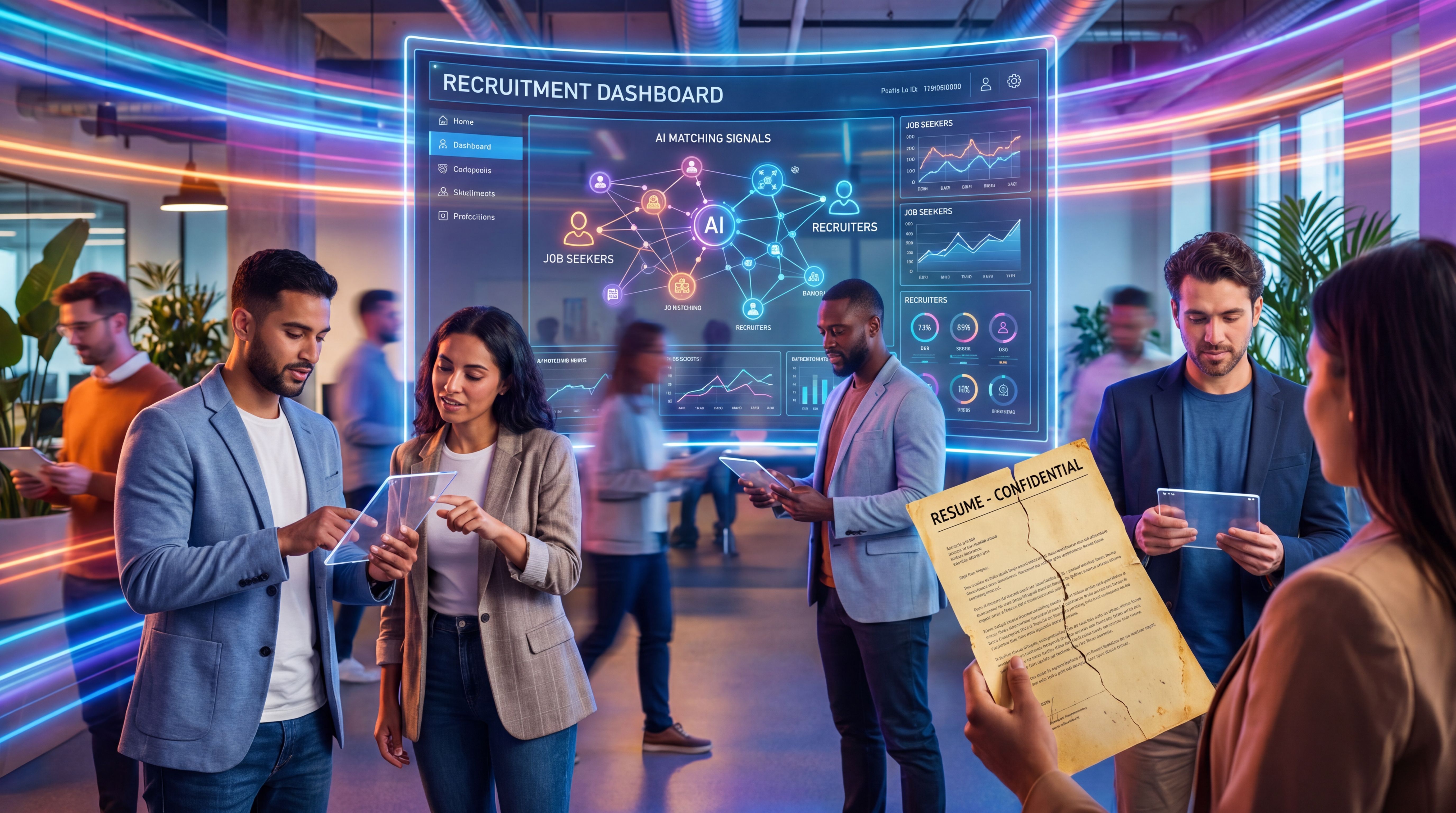 Recruiter and job seeker using an AI hiring dashboard beside a cracked PDF resume