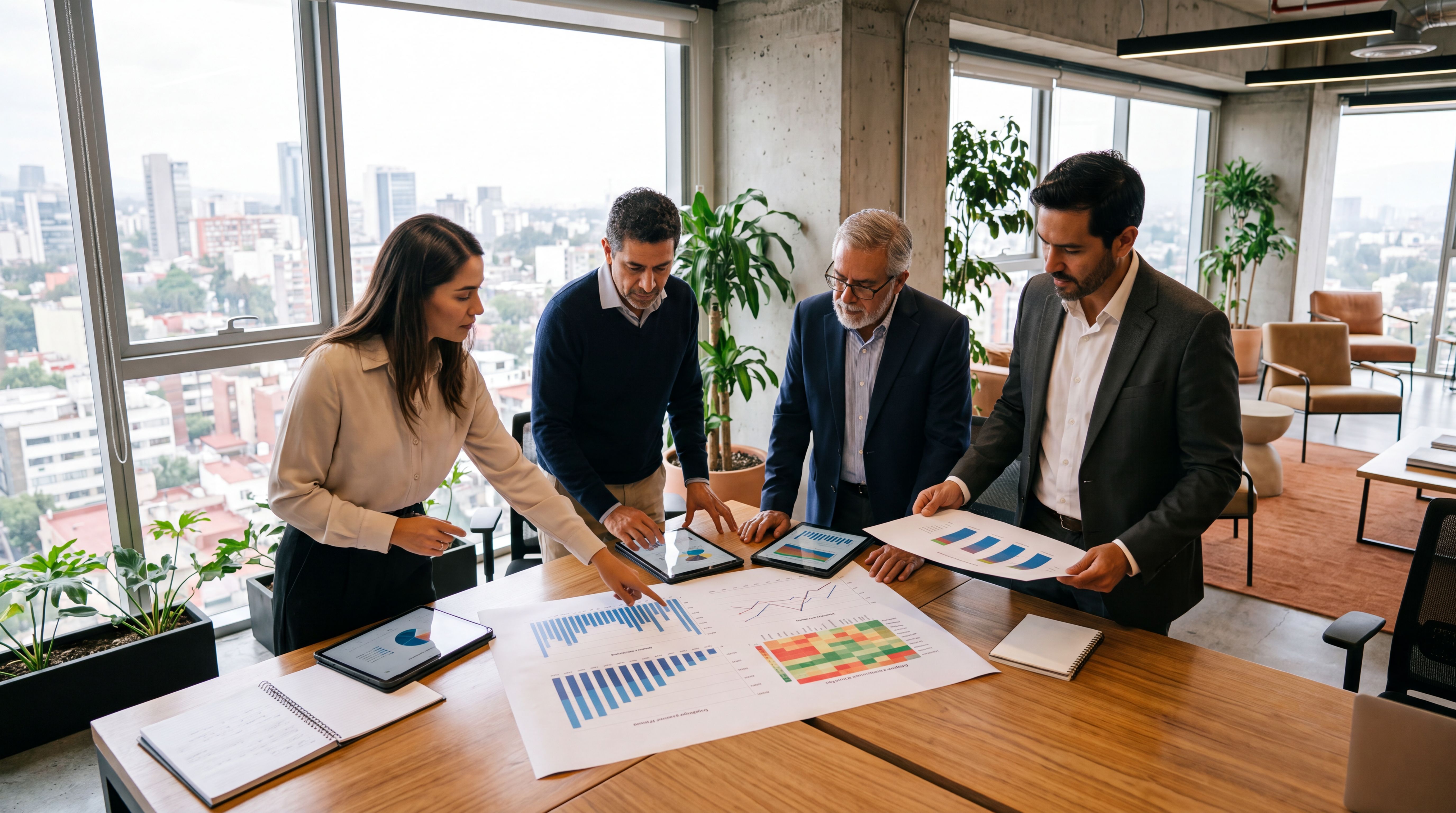 Equipo analizando datos del mercado laboral en una oficina moderna