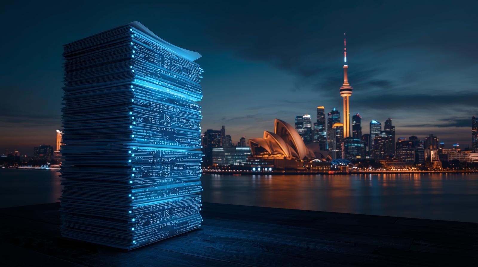 Stack of paper resumes dissolving into a glowing AI circuit board and modern skills dashboard, with an Australian city skyline in the background, symbolizing the shift from PDF CVs to AI-driven hiring.
