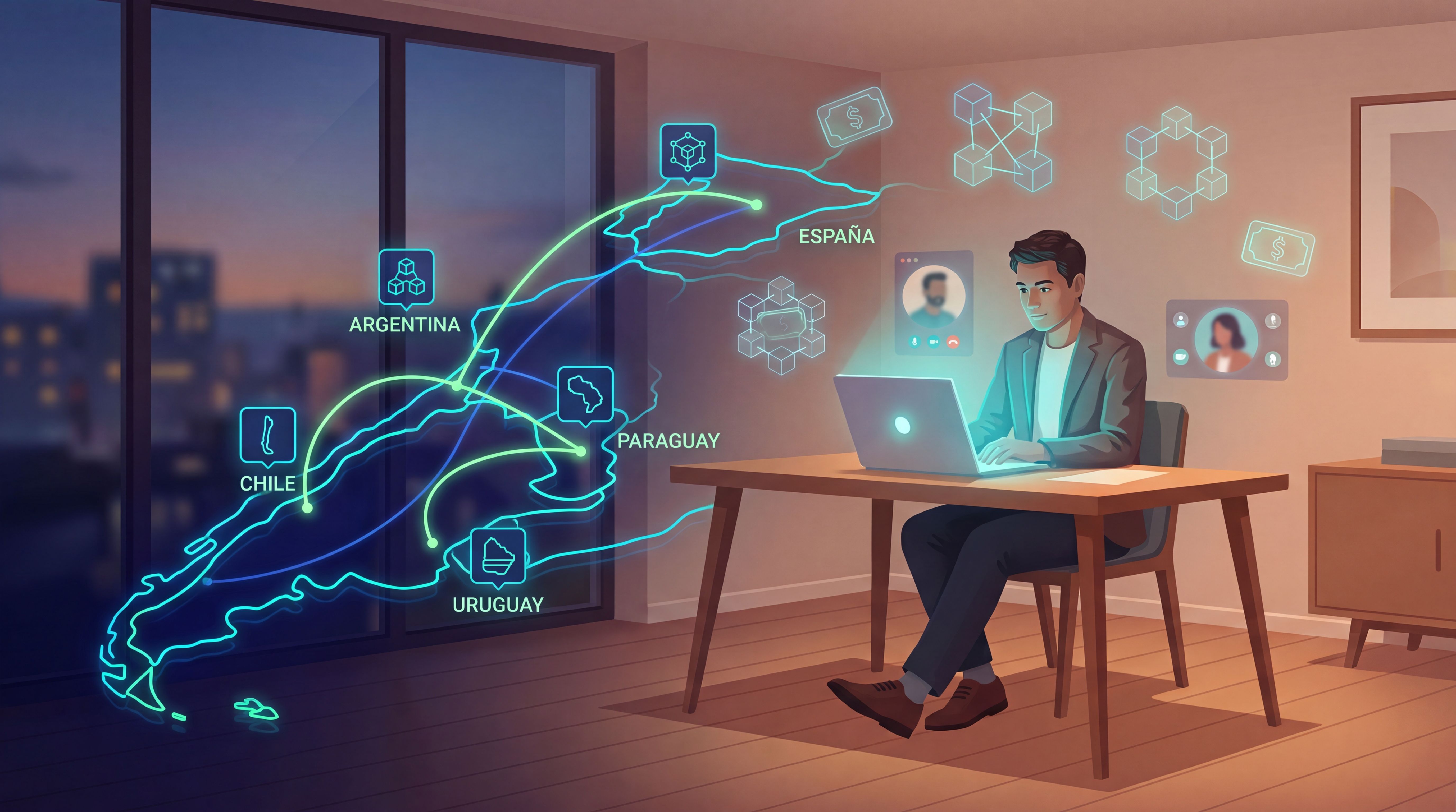 Persona trabajando remoto con conexiones digitales entre países hispanos